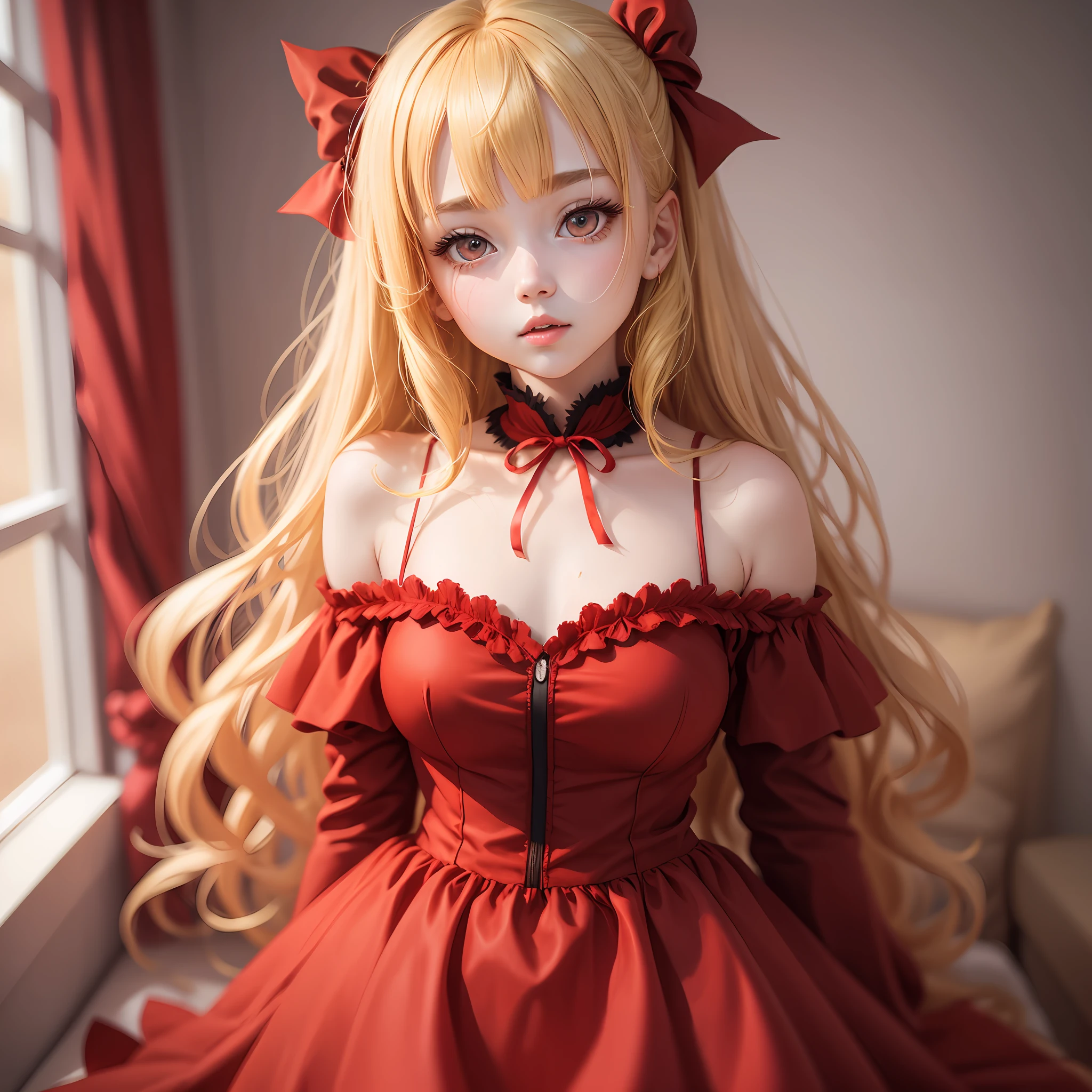 One girl with blonde hair and red eyes, dress with red fluff, red ribbon, off-the-shoulder --auto --s2