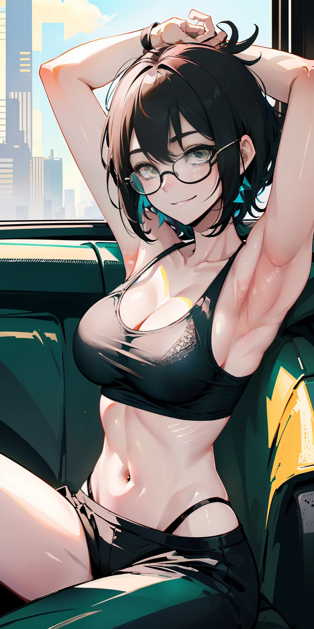 (masterpiece):1.2, solo, black cap, light_smile, light outfit, (spread arms:1.1), shaved armpits:1.2, cool poses , black hair,black t-shirt,green bra, street view, sitting at upper side of car,black glasses,short hair,(medium boobs:1.2), athletic style , (esthetic:1.1), colorbones,super detailed