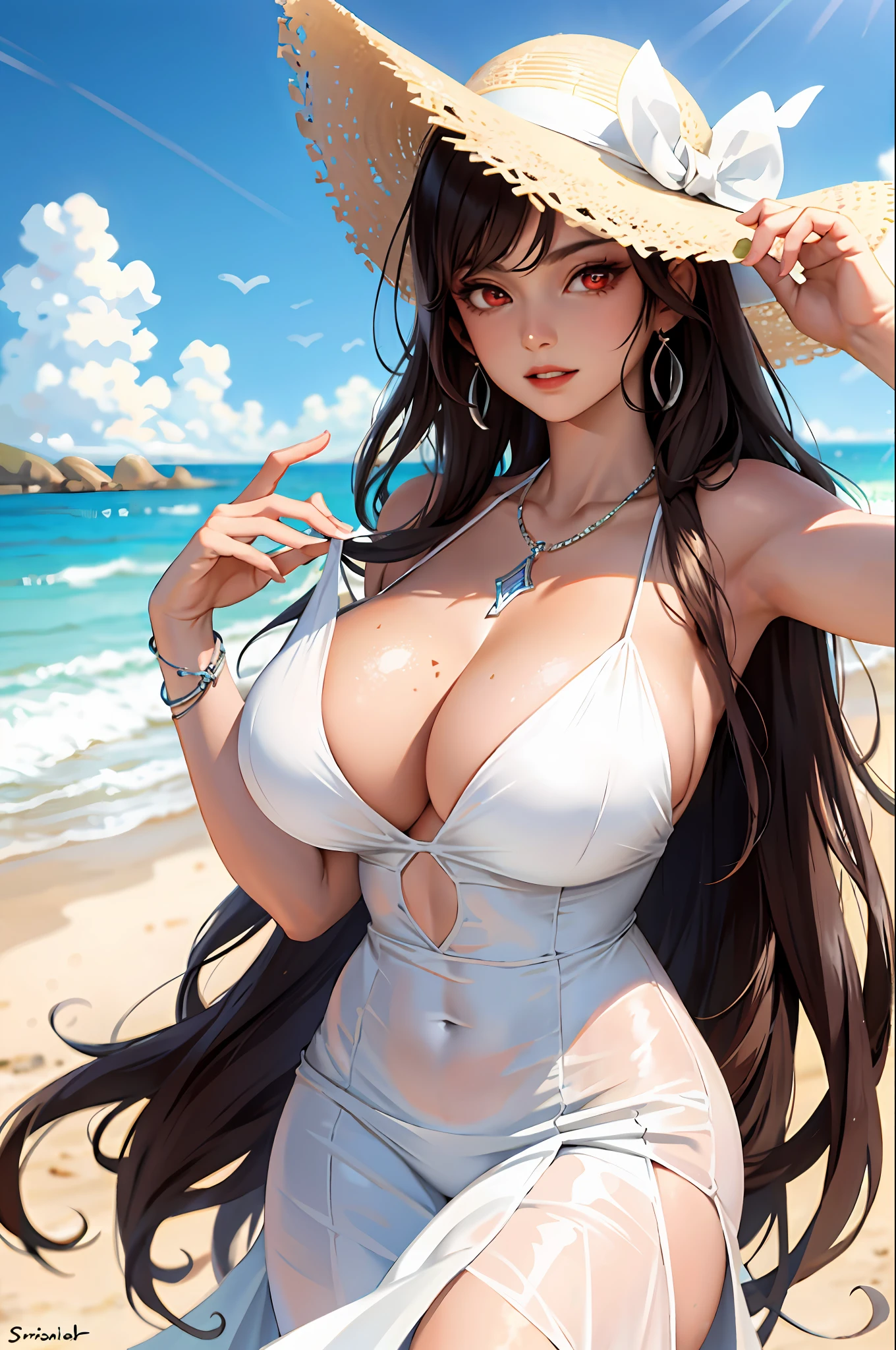 (masterpiece:1.2, best quality), (1lady, solo, upper body:1.2), Clothing: white flowy maxi dress, wide-brimmed hat, strappy sandals, Accessories: shell necklace, Hair: loose beach waves, Makeup: natural, glowing skin, Behavior: relaxed, carefree, free-spirited, Location: beach, resort, outdoor festival, red eyes, huge tits,