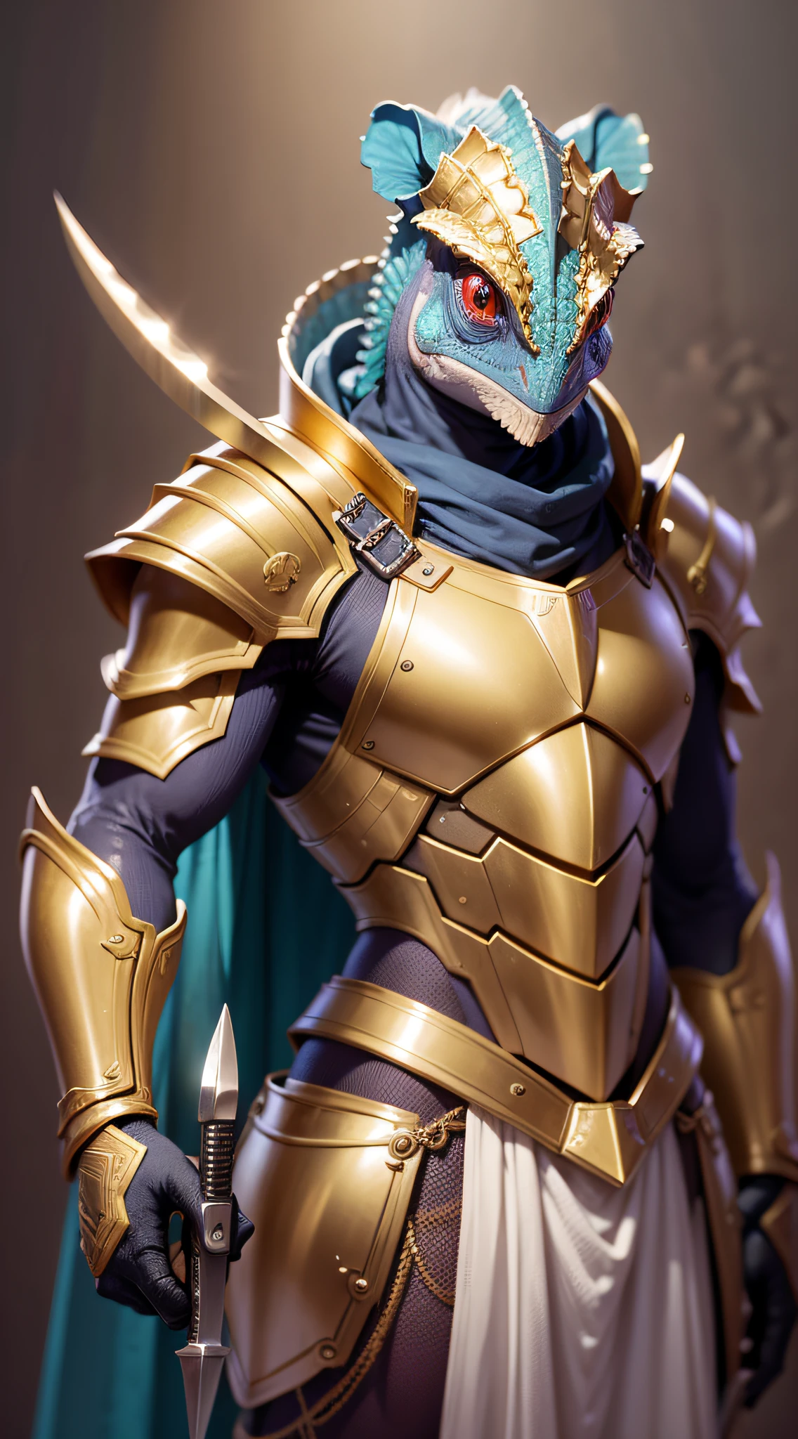 Chameleon, dressed in gold armor, holding a knife in his hand, with a camera on his back, majestic,
