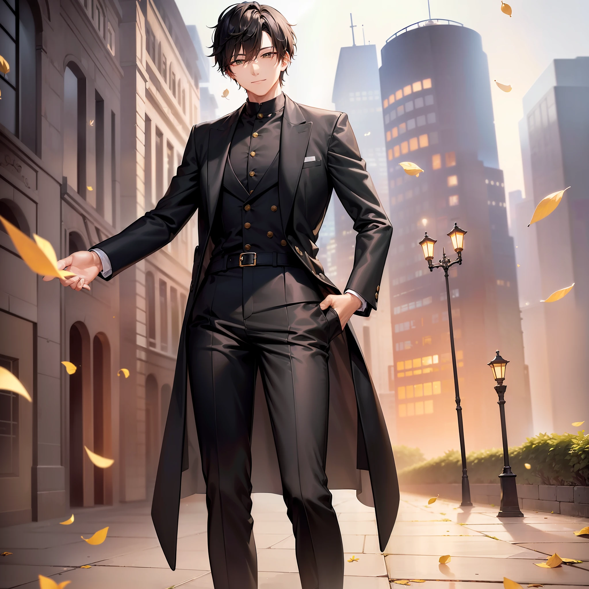 Dan Heng, (masterpiece, best quality, high quality, 4K), human, male, ((solo)), mature, black short hair, slim, yellow pupils, detailed eyes, front view, (clothing, (topwear: (long black coat, black shirt), bottomwear:(pants:black), standing, coat fluttering, detailed clothing, collar, tall, smiling, looking kind, (((city))), trees, falling leaves