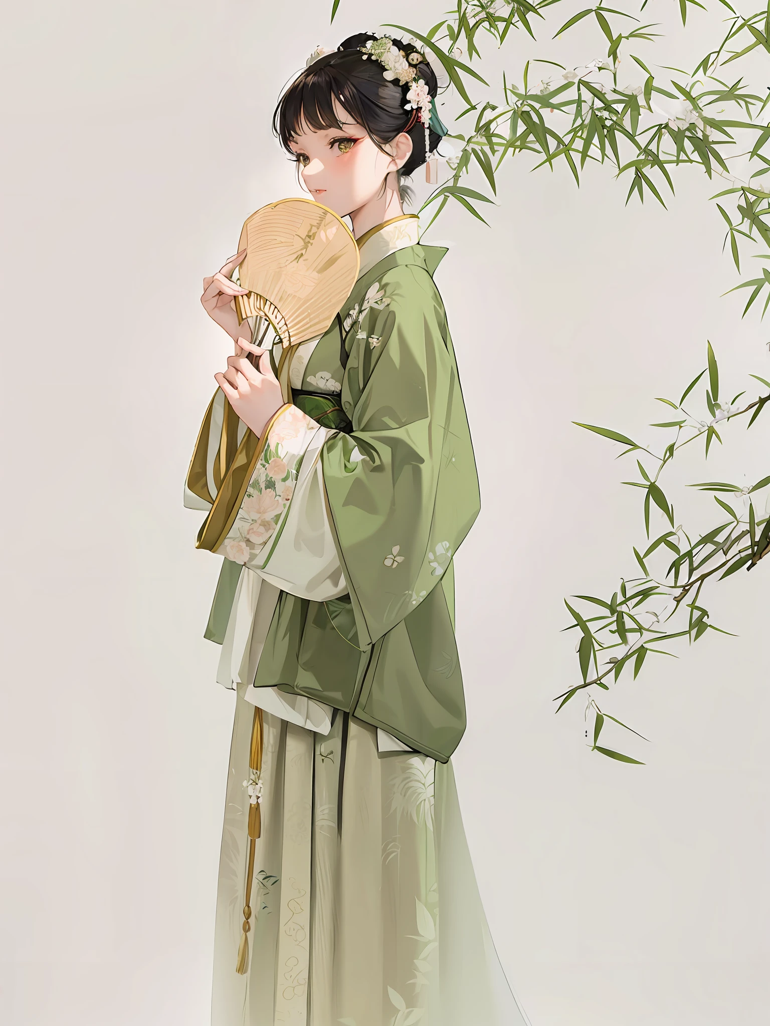 araffe woman in a green dress holding a fan and a bamboo tree, hanfu, wearing ancient chinese clothes, traditional chinese clothing, with acient chinese clothes, palace , a girl in hanfu, white hanfu, with ancient chinese aesthetic, pale and coloured kimono, intricate geisha kimono, wearing a luxurious silk cloak, inspired by Gu An