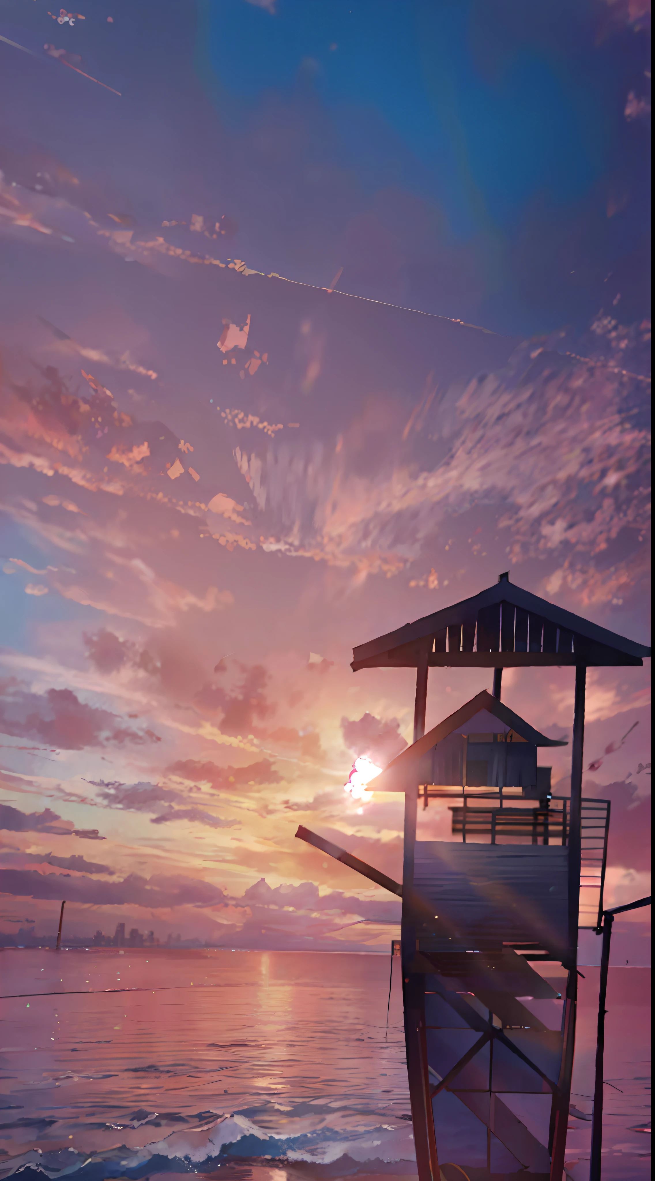 sunset over a pier with a hut and a person on a surfboard, colorful sunset, with vibrant sky, colorful sunset!!, pink sunset hue, gorgeous romantic sunset, vibrant sunset, beautiful sunset, pink sunset, colorful sky, the most beautiful sunset, colorful skies, beautiful sunset glow, redpink sunset, spectacular sunset, stunning sunset, at a beautiful sunset, vibrant sunrise --auto --s2