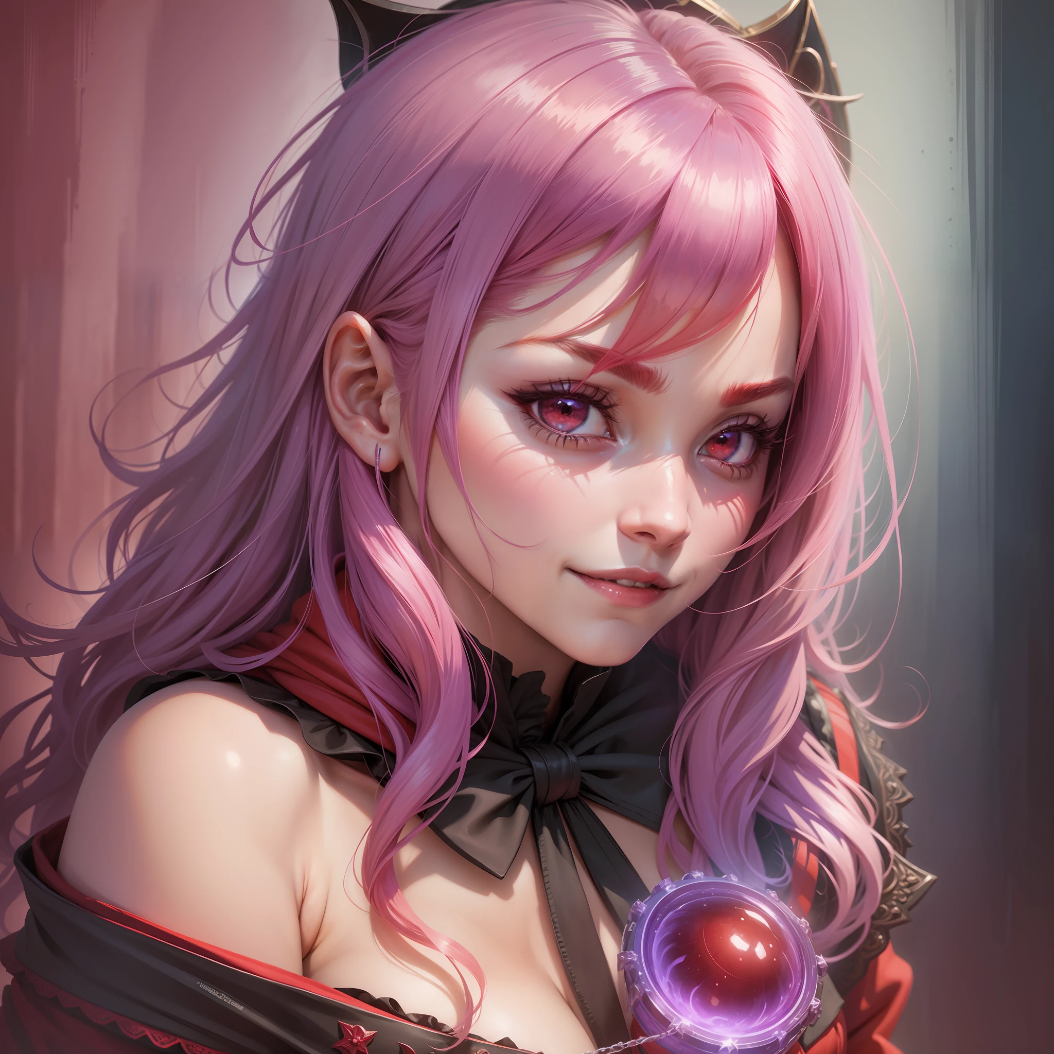 1girl, wizard, Beautiful face, red robe, curvy, Portrait, Upper body, cleavage, colored inner hair, gradient hair, evil smile, embarrassed, embarrassed, blush, Gothic art, f/1.2, photomosaic, cowboy shot, best quality, super detail, masterpiece