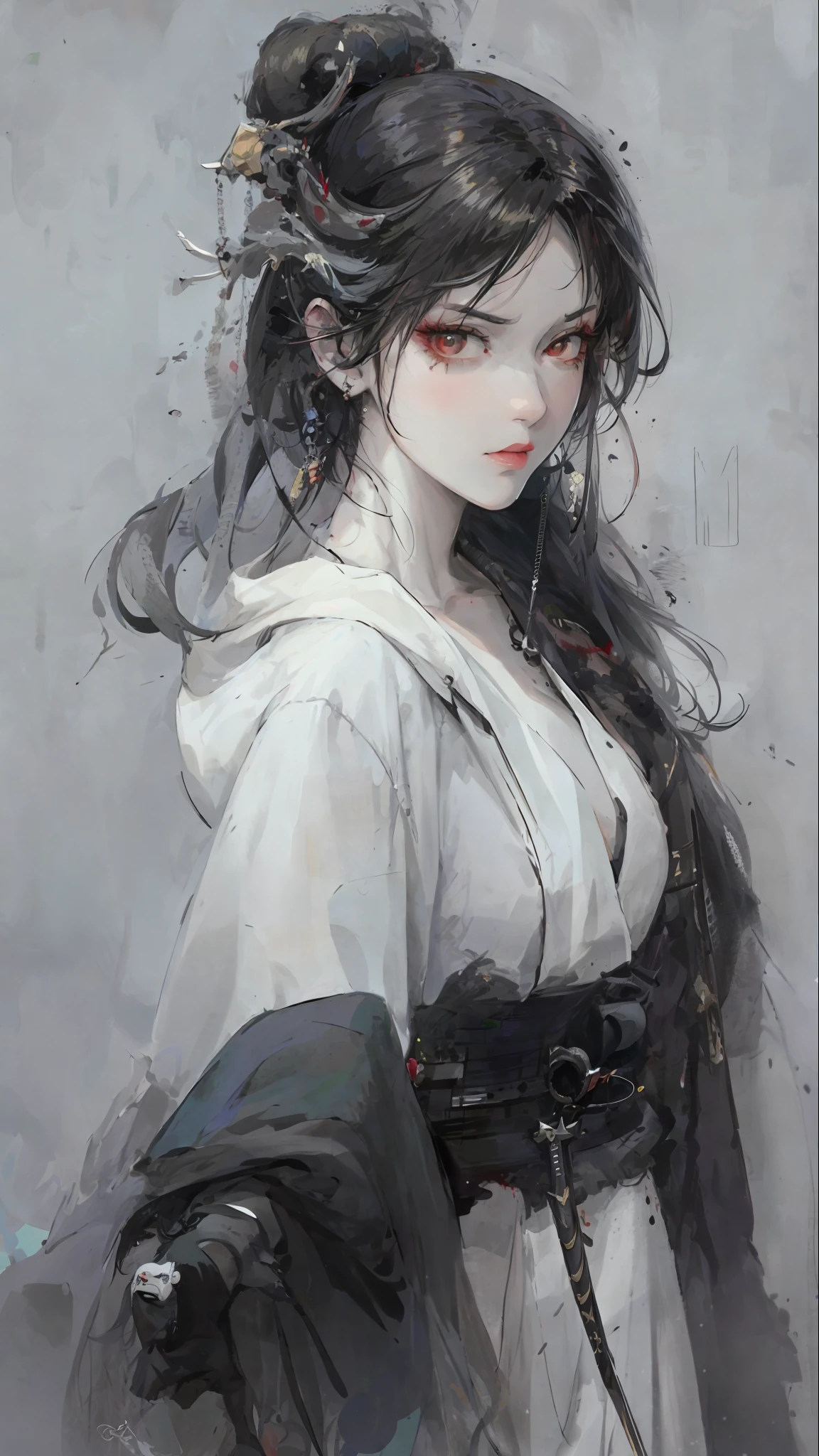 Close-up of a woman with black hair and white mask, beautiful character painting, gwaiz, gwaiz style artwork, white hair god, Yang J, magnificent exquisite character art, stunning character art, funchi, woozinshi fan, gwise in pixiv art station, return blood, sword extraction