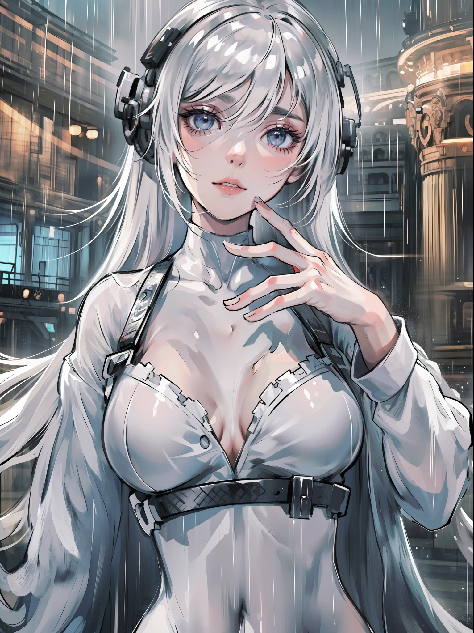 ((Best Quality, 8K, Masterpiece: 1.3)), Sharp Focus: 1.2, Beautiful Woman with Perfect Figure: 1.4, Slim Belly: 1.2, Super Long White Hair, Gradient Hair Color, With Headphones, ((Layered Hairstyle, Room: 1.2)), (With Bra) (Mid-breast) (Thin and Wet Buttons Up to Shirt Length: 1.1), (White Shirt Wet by Rain), (Rain, Street: 1.2), Wet Body: 1.1, Highly Detailed Facial and Skin Texture, Detailed Eyes, Double Eyelids, Sexy, fair skin, looking at the camera, selfie, best light and shadow, lively street, street stalls