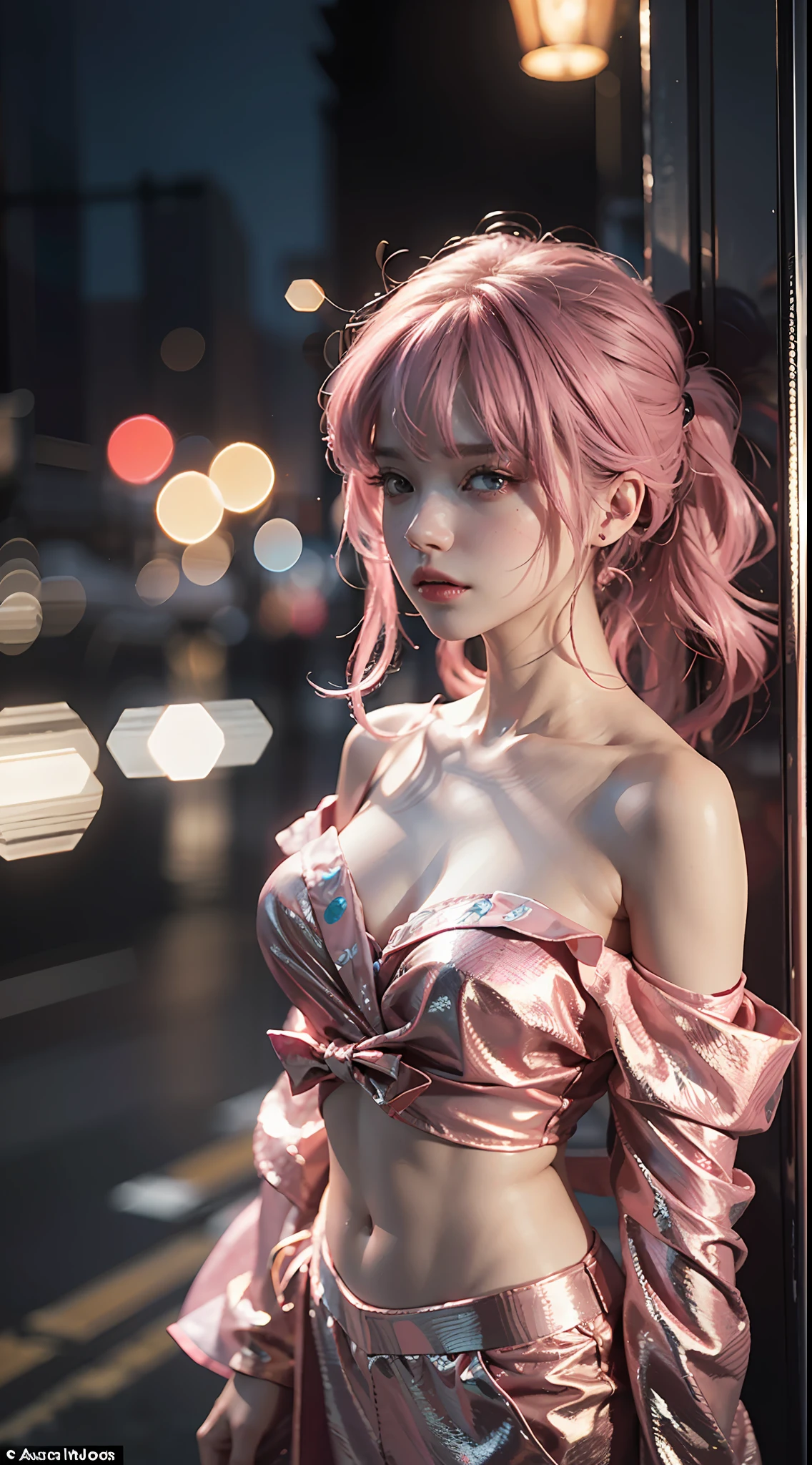 Best Quality, Masterpiece, Ultra High Resolution, (Realisticity: 1.4), Original Photo, 1girl, Pink Off-the-Shoulder, Cinematic Lighting