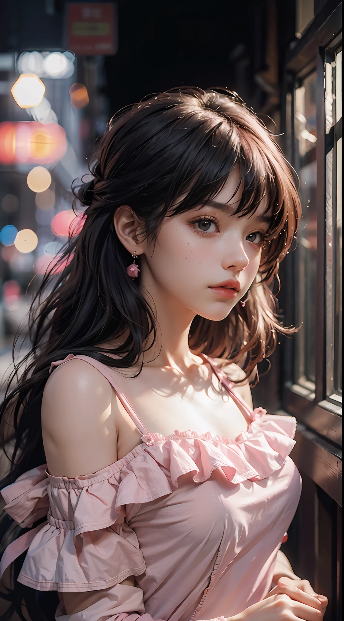 Best Quality, Masterpiece, Ultra High Resolution, (Realisticity: 1.4), Original Photo, 1girl, Pink Off-the-Shoulder, Cinematic Lighting