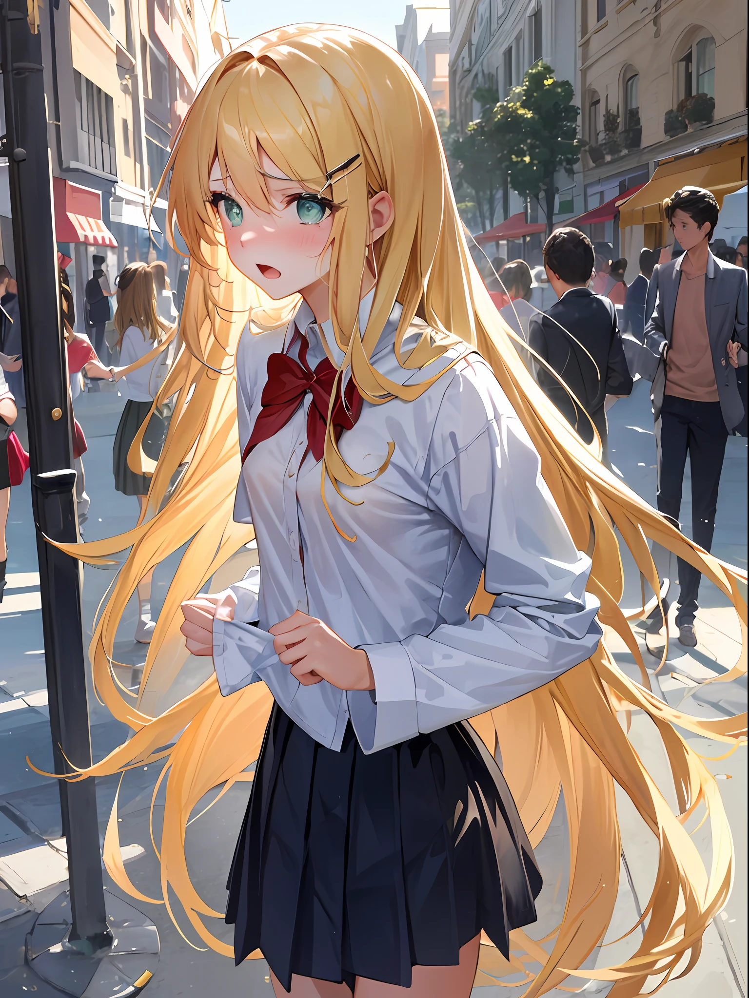 masterpiece, best quality, real picture, intricate details, 1girl, 1boy, interracial, from side, {hug and suck}, looking up, love, head grab, cum in nose, cum in mouth, public humillation, Appearance: young:1.25, green eyes, sharp eyes, hearts in pupils, {small_breasts, flat_chest, erected_nipples, breasts_exposed}, slender, skinny, slim, bare legs
Clothing: {school_uniform, skirt, topless}
Hair: {long_blonde_hair, messy_hair}
Makeup: running_makeup, masacra
Behavior: tears, blush, surprised
Location: festival, crowd, people around