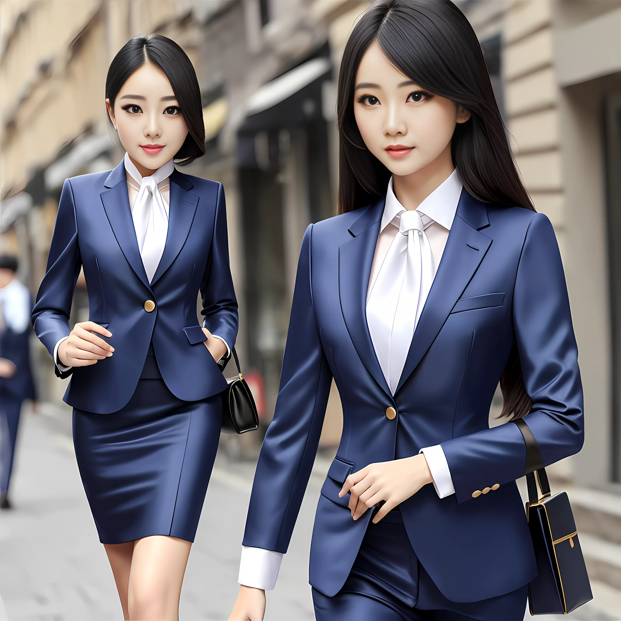 Property company professional wear, dark blue women's suit, champagne fabric color insertion, silk scarf, tie, business formal wear, background white, Chinese, black hair, formal wear professional wear front, walking on the street