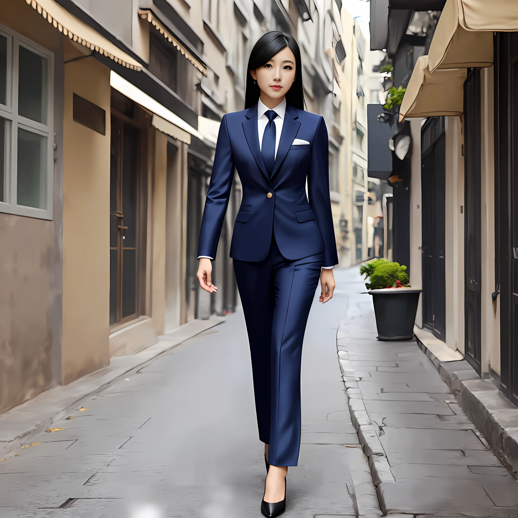 Property company professional wear, dark blue women's suit, champagne fabric color insertion, silk scarf, tie, business formal wear, background white, Chinese, black hair, formal wear professional wear front, walking on the street