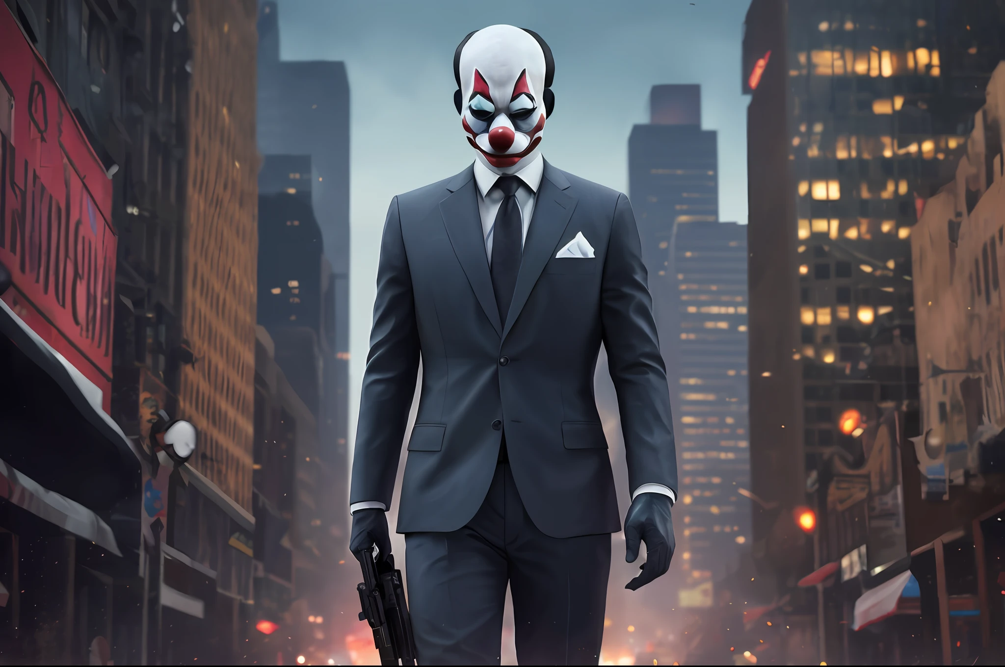 Heist Movie, payday, heister, city, man, wearing suit, wearing clown mask, wearing gloves, wearing suit pants
