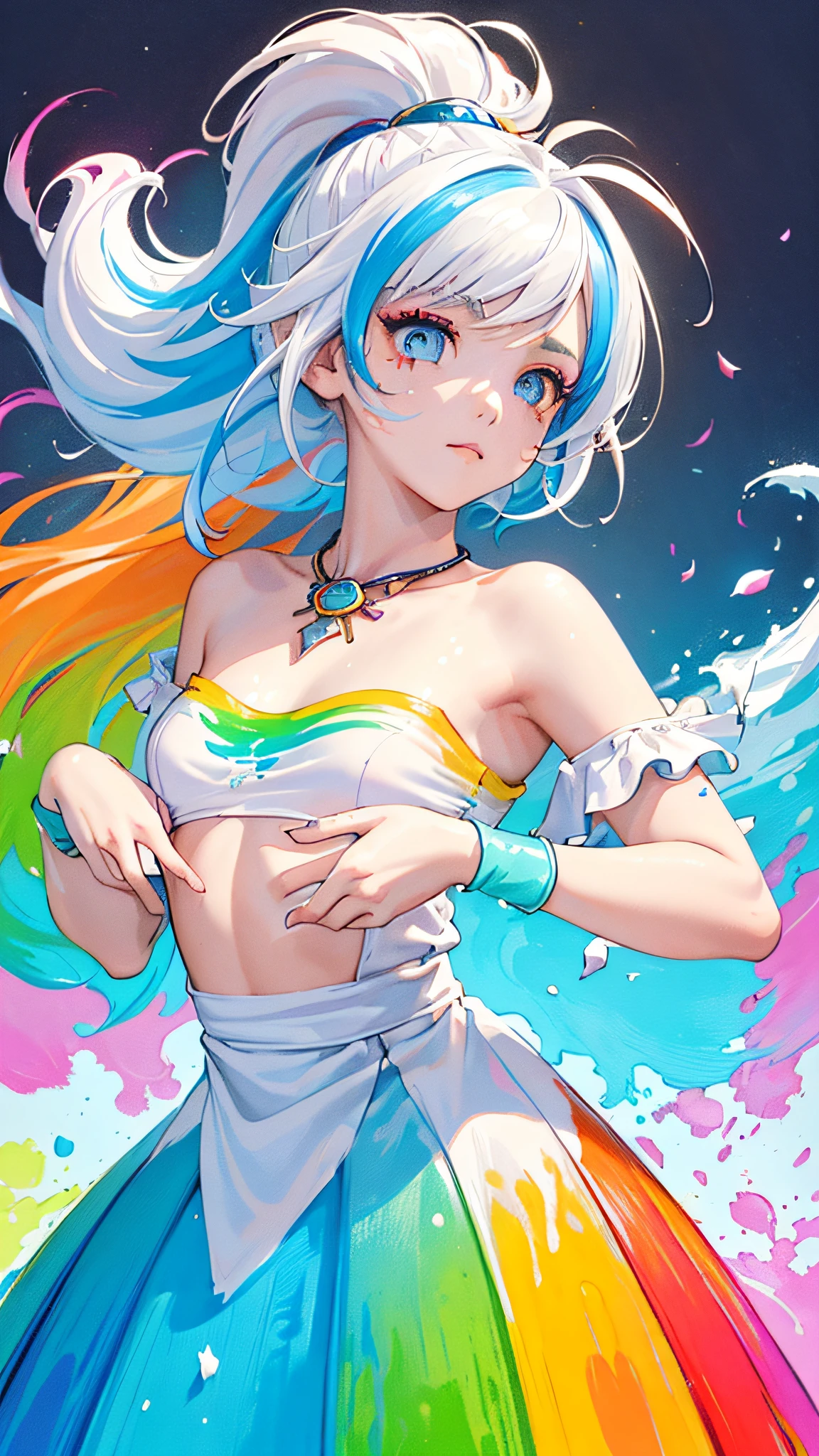 (Pink Fashion T-shirt:1.9),(Colorful hair: 1.8), (all the colours of the rainbow: 1.8),(((((vertical painting:1.6))), (painting:1.6),front, comics, illustrations, paintings, large eyes, crystal clear eyes,( rainbow color gradient high ponytail:1.7), exquisite makeup, closed mouth,(Small Fresh: 1.5),(Wipe Chest: 1.6) ,long eyelashes, white off shoulder T-shirt, White Shoulder Shirt,looking at the audience, large watery eyes, (rainbow colored hair:1.6), color splash, (solo:1.8), color splash, color explosion, thick paint style, messy lines, ((shining)),(colorful), (colorful), (colorful), colorful, Thick Paint Style, (Splash) (Color Splash), Vertical Painting, Upper Body, Paint Splash, Acrylic Pigment, Gradient, Paint, Highest Image Quality, Highest Quality, Masterpiece, Solo, Depth of Field, Face Paint, colorful clothes, (Elegant: 1.2), gorgeous,long hair, wind, (Elegant: 1.3), (Petals: 1.4),(((masterpiece))),(((best quality))),((ultra-detailed)),(illustration),(dynamic angle),((floating)),(paint),((disheveled hair)),(solo),(1girl) , (((detailed anima face))),((beautiful detailed face)),collar,bare shoulders,white hair, ((colorful hair)),((streaked hair)),beautiful detailed eyes,(Gradient color eyes),(((colorful eyes))),(((colorful background))),(((high saturation))),(((surrounded by colorful splashes))),