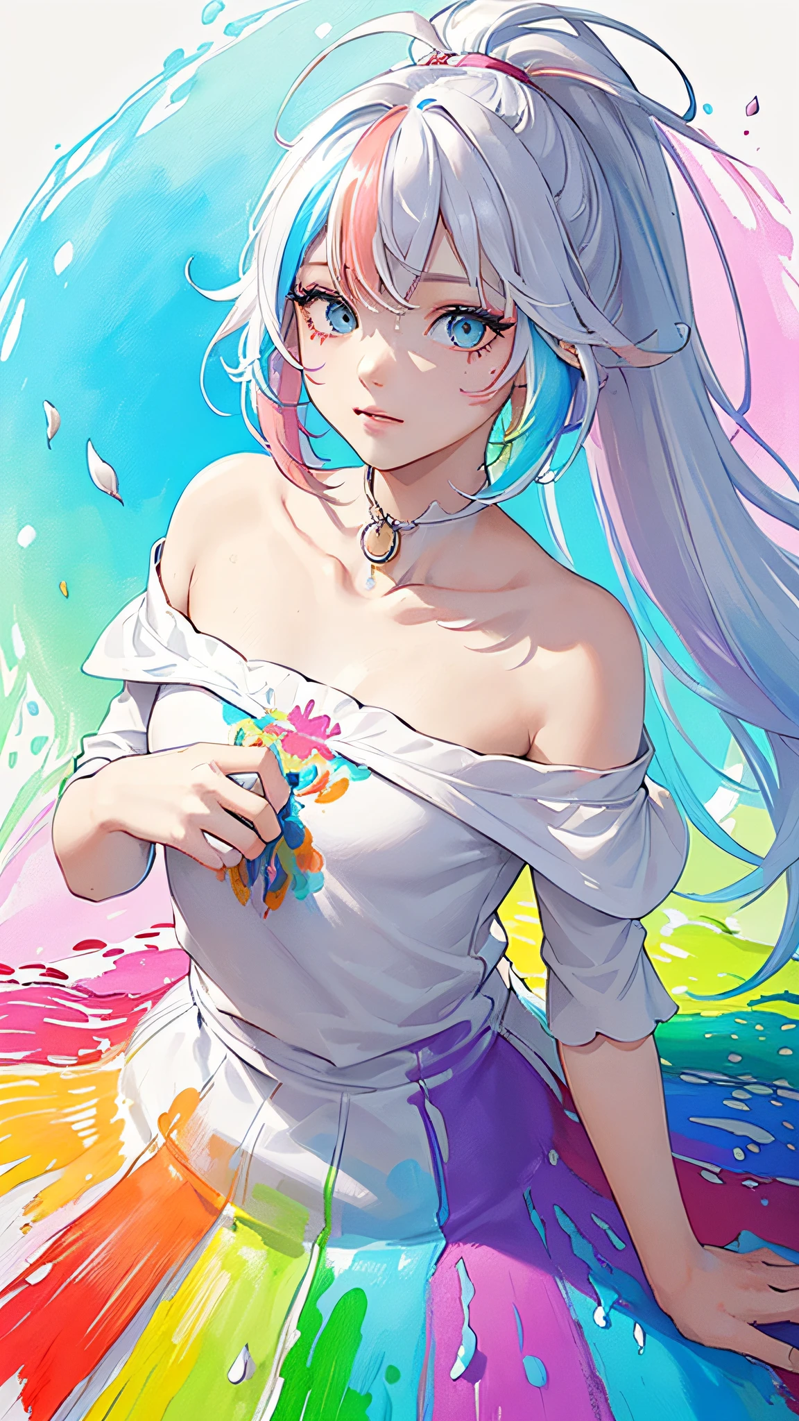 (Pink Fashion T-shirt:1.9),(Colorful hair: 1.8), (all the colours of the rainbow: 1.8),(((((vertical painting:1.6))), (painting:1.6),front, comics, illustrations, paintings, large eyes, crystal clear eyes,( rainbow color gradient high ponytail:1.7), exquisite makeup, closed mouth,(Small Fresh: 1.5),(Wipe Chest: 1.6) ,long eyelashes, white off shoulder T-shirt, White Shoulder Shirt,looking at the audience, large watery eyes, (rainbow colored hair:1.6), color splash, (solo:1.8), color splash, color explosion, thick paint style, messy lines, ((shining)),(colorful), (colorful), (colorful), colorful, Thick Paint Style, (Splash) (Color Splash), Vertical Painting, Upper Body, Paint Splash, Acrylic Pigment, Gradient, Paint, Highest Image Quality, Highest Quality, Masterpiece, Solo, Depth of Field, Face Paint, colorful clothes, (Elegant: 1.2), gorgeous,long hair, wind, (Elegant: 1.3), (Petals: 1.4),(((masterpiece))),(((best quality))),((ultra-detailed)),(illustration),(dynamic angle),((floating)),(paint),((disheveled hair)),(solo),(1girl) , (((detailed anima face))),((beautiful detailed face)),collar,bare shoulders,white hair, ((colorful hair)),((streaked hair)),beautiful detailed eyes,(Gradient color eyes),(((colorful eyes))),(((colorful background))),(((high saturation))),(((surrounded by colorful splashes))),