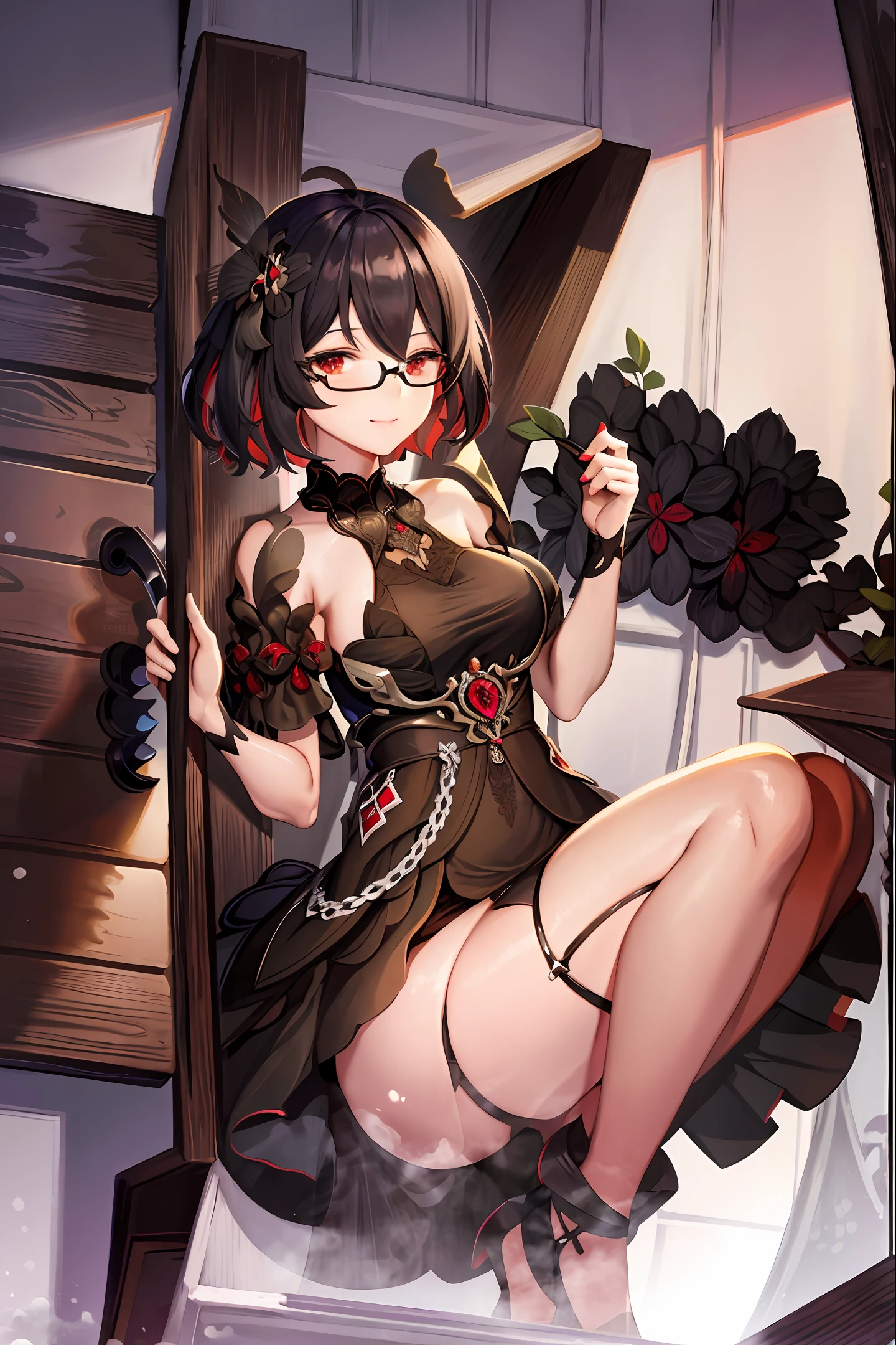 beutiful, black hair,highres,realistic,1girl,full body,lips, dark brown eyes,,,bangs,dress, short hair,glasses,looking at viewer,official alternate costume,black dress,lace,solo,upper body,wide sleeves,smiling