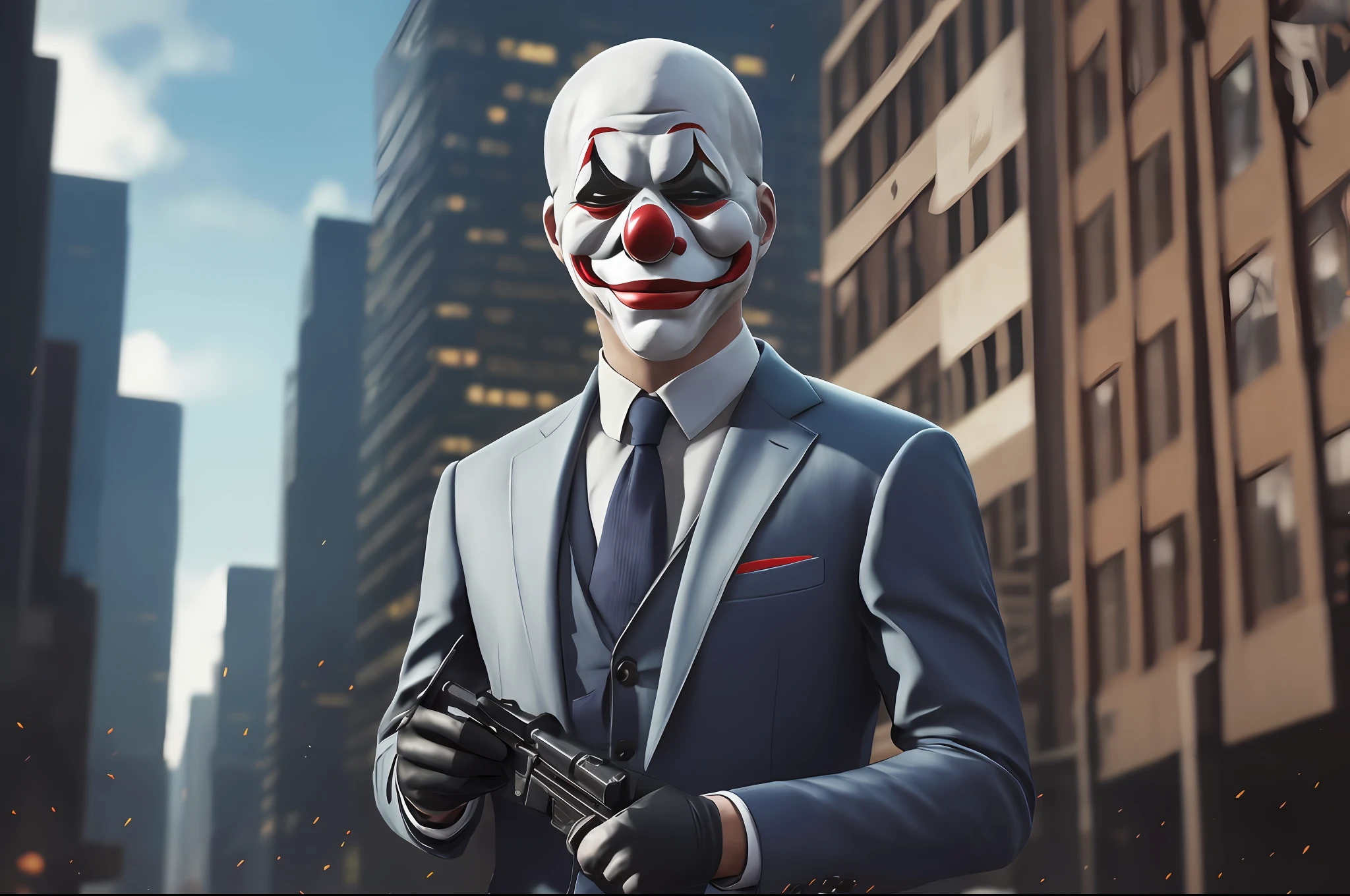 Heist Movie, payday, heister, city, man, wearing suit, wearing clown mask, wearing gloves, wearing suit pants
