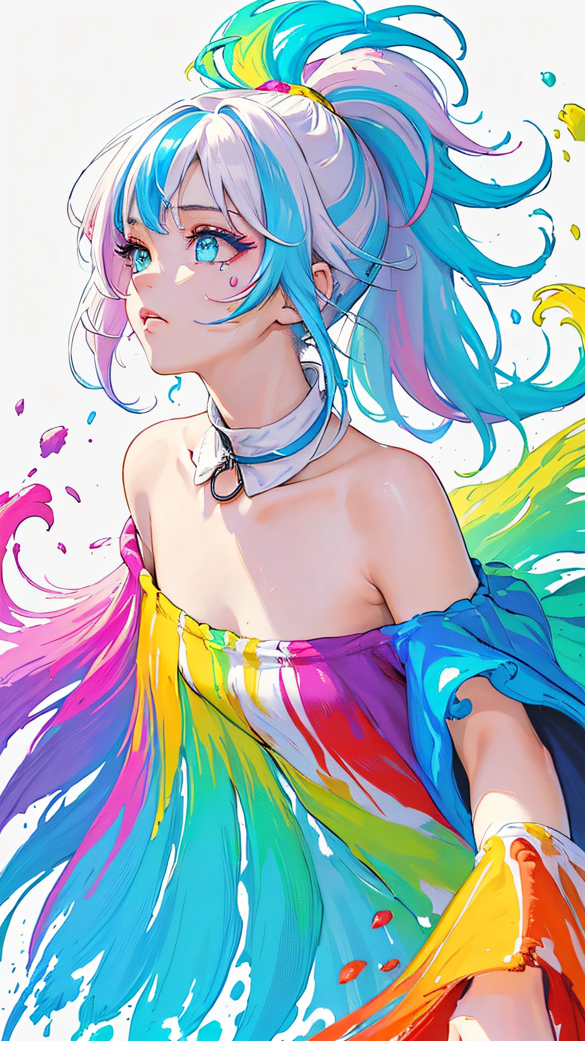 （Pink Fashion T-shirt：1.9），(Colorful hair: 1.8), (all the colours of the rainbow: 1.8),(((((vertical painting：1.6))), （painting：1.6），front, comics, illustrations, paintings, large eyes, crystal clear eyes,（ rainbow color gradient high ponytail：1.7）, exquisite makeup, closed mouth,(Small Fresh: 1.5),(Wipe Chest: 1.6) ，long eyelashes, white off shoulder T-shirt,  White Shoulder Shirt，looking at the audience, large watery eyes, (rainbow colored hair：1.6), color splash, （solo：1.8）, color splash, color explosion, thick paint style, messy lines, ((shining))，(colorful), (colorful), (colorful), colorful, Thick Paint Style, (Splash) (Color Splash), Vertical Painting, Upper Body, Paint Splash, Acrylic Pigment, Gradient, Paint, Highest Image Quality, Highest Quality, Masterpiece, Solo, Depth of Field, Face Paint,  colorful clothes, (Elegant: 1.2), gorgeous,long hair, wind, (Elegant: 1.3), (Petals: 1.4)，(((masterpiece))),(((best quality))),((ultra-detailed)),(illustration),(dynamic angle),((floating)),(paint),((disheveled hair)),(solo),(1girl) , (((detailed anima face))),((beautiful detailed face)),collar,bare shoulders,white hair, ((colorful hair)),((streaked hair)),beautiful detailed eyes,(Gradient color eyes),(((colorful eyes))),(((colorful background))),(((high saturation))),(((surrounded by colorful splashes))),