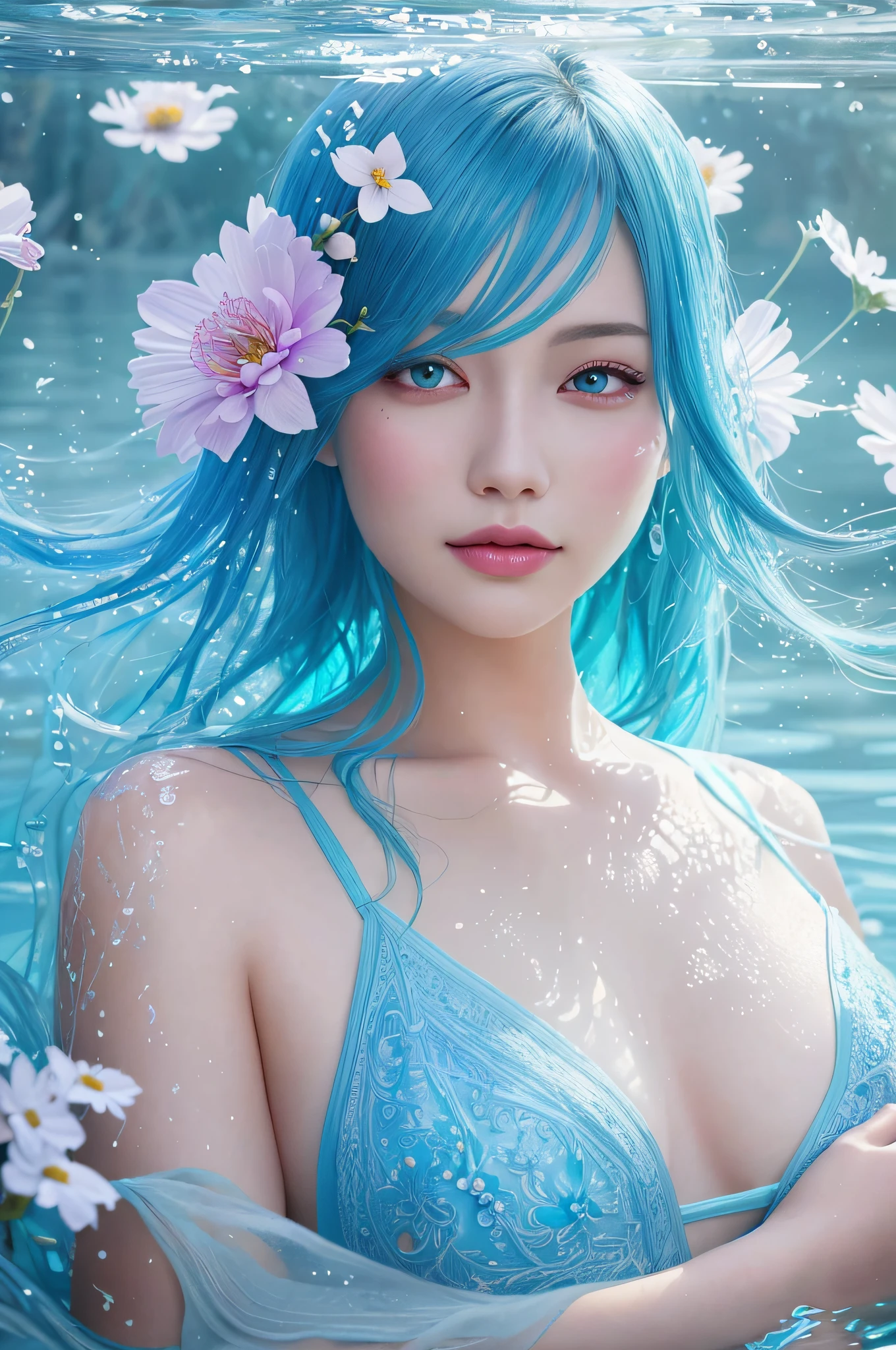 beauty with blue hair and flowers floating in water, beautiful beauty, beautiful digital illustration, beautiful artwork illustration, beautiful digital artwork, beautiful gorgeous digital art, beautiful digital art, asian female water element, gorgeous digital art, very beautiful digital art, close up fantasy with water magic, beautiful fantasy art, beautiful digital painting, beautiful digital illustration, gorgeous digital painting
