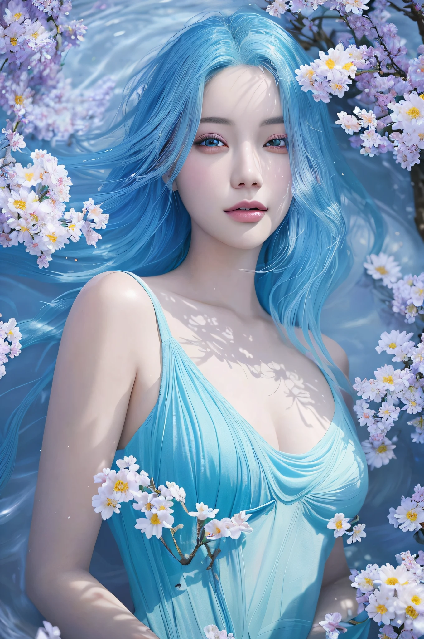 beauty with blue hair and flowers floating in water, beautiful beauty, beautiful digital illustration, beautiful artwork illustration, beautiful digital artwork, beautiful gorgeous digital art, beautiful digital art, asian female water element, gorgeous digital art, very beautiful digital art, close up fantasy with water magic, beautiful fantasy art, beautiful digital painting, beautiful digital illustration, gorgeous digital painting