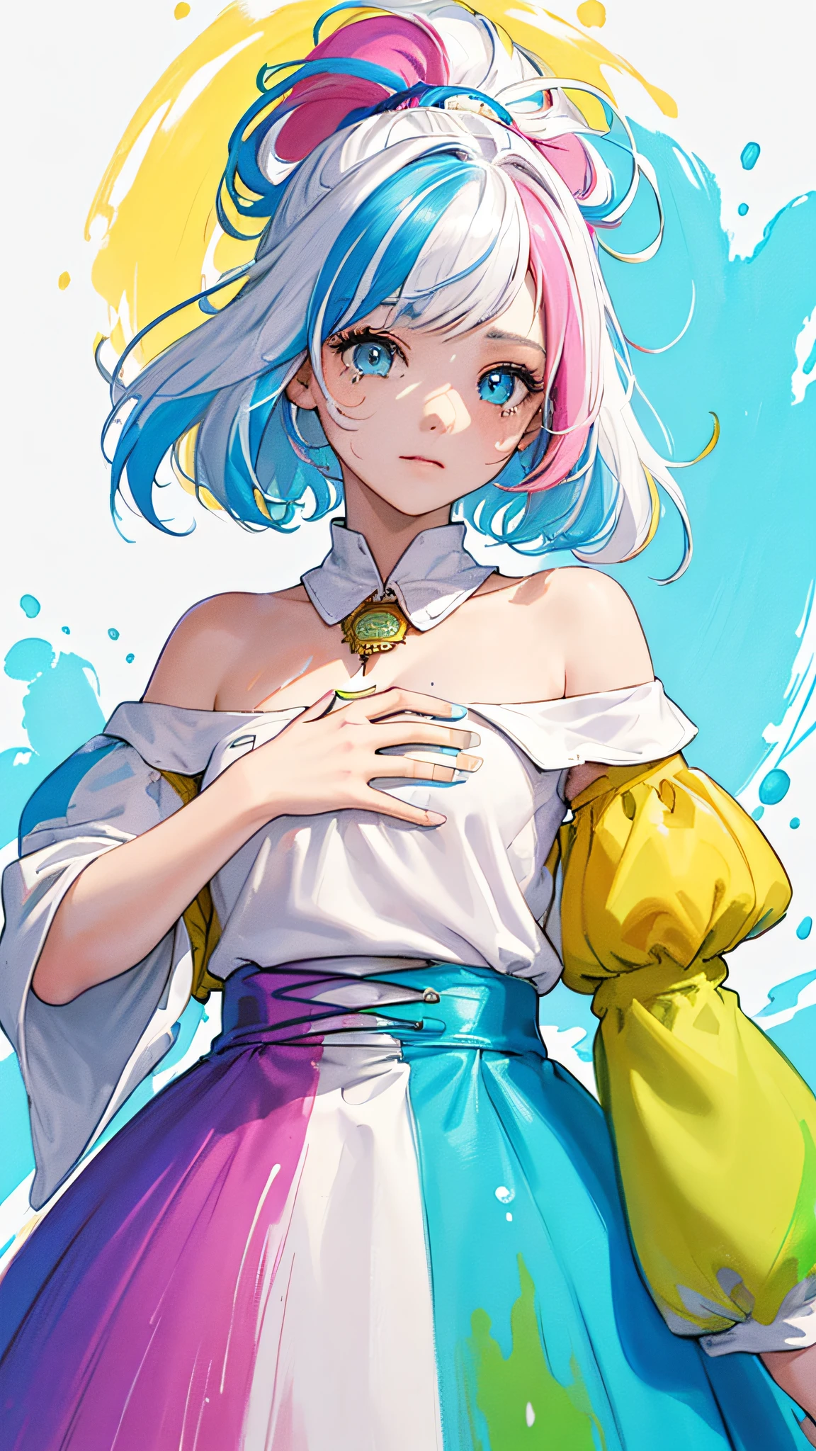 (Pink Fashion T-shirt:1.9),(Colorful hair: 1.8), (all the colours of the rainbow: 1.8),(((((vertical painting:1.6))), (painting:1.6),front, comics, illustrations, paintings, large eyes, crystal clear eyes,( rainbow color gradient high ponytail:1.7), exquisite makeup, closed mouth,(Small Fresh: 1.5),(Wipe Chest: 1.6) ,long eyelashes, white off shoulder T-shirt, White Shoulder Shirt,looking at the audience, large watery eyes, (rainbow colored hair:1.6), color splash, (solo:1.8), color splash, color explosion, thick paint style, messy lines, ((shining)),(colorful), (colorful), (colorful), colorful, Thick Paint Style, (Splash) (Color Splash), Vertical Painting, Upper Body, Paint Splash, Acrylic Pigment, Gradient, Paint, Highest Image Quality, Highest Quality, Masterpiece, Solo, Depth of Field, Face Paint, colorful clothes, (Elegant: 1.2), gorgeous,long hair, wind, (Elegant: 1.3), (Petals: 1.4),(((masterpiece))),(((best quality))),((ultra-detailed)),(illustration),(dynamic angle),((floating)),(paint),((disheveled hair)),(solo),(1girl) , (((detailed anima face))),((beautiful detailed face)),collar,bare shoulders,white hair, ((colorful hair)),((streaked hair)),beautiful detailed eyes,(Gradient color eyes),(((colorful eyes))),(((colorful background))),(((high saturation))),(((surrounded by colorful splashes))),