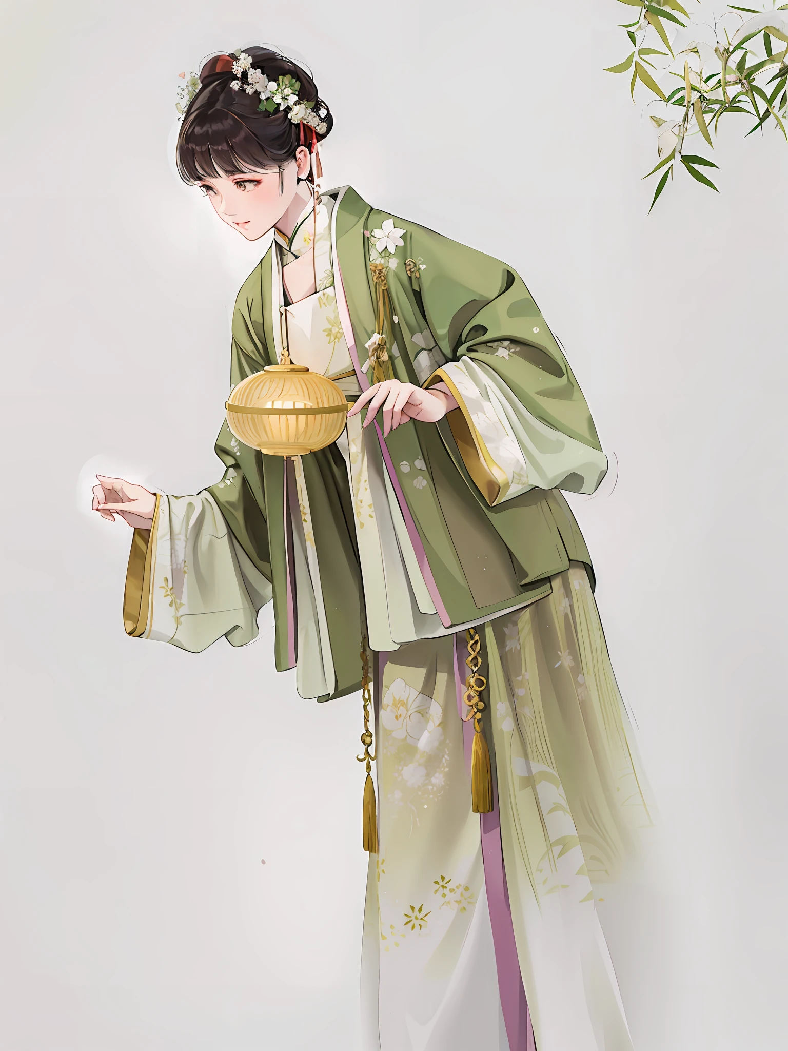 araffe dressed in a green and white kimono with a fan, hanfu, traditional chinese clothing, pale and coloured kimono, with acient chinese clothes, wearing ancient chinese clothes, chinese costume, white hanfu, classic kimono, kimono, with ancient chinese aesthetic, style of guo hua, palace ， a girl in hanfu, chinese style, japanese clothes