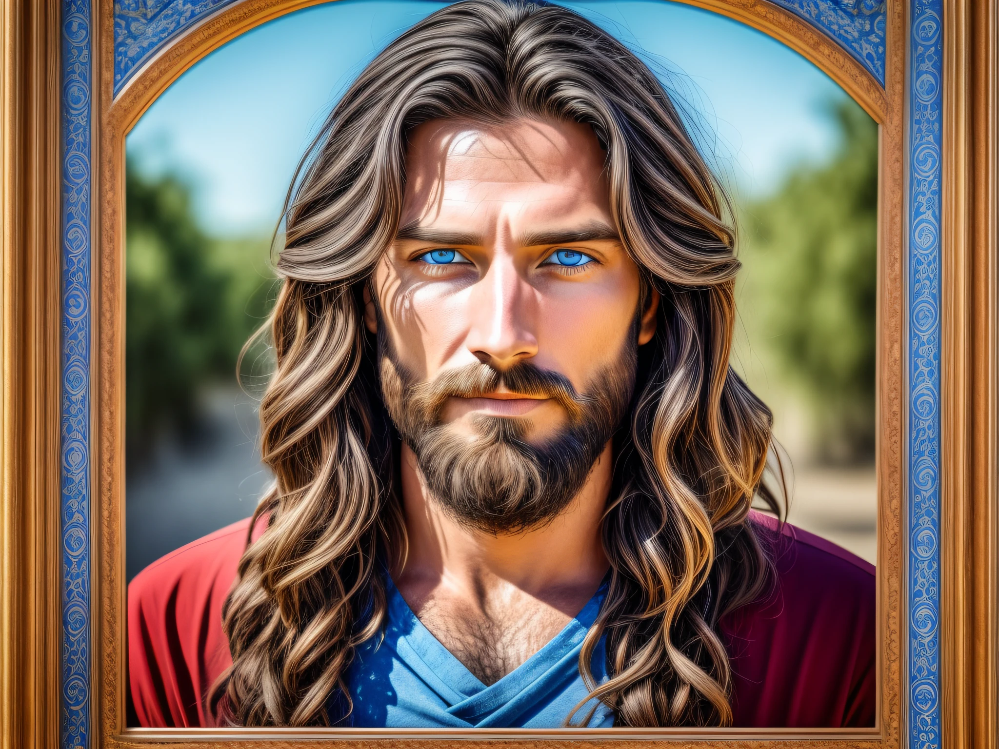 Portrait of a handsome man, Jesus Christ, real blue eyes, sunny day, intricate details.