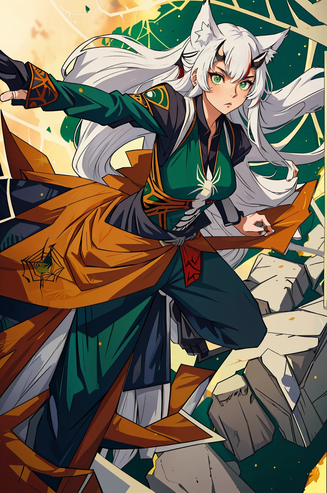 (An anime-style woman, 25 years old, has long white hair and wolf ears, as well as a wolf tail. She has caramel-colored skin and poison green eyes. She wears closed-toe clothing, a spider suit decorated with a spider web print, and a spider web floats in the background.)