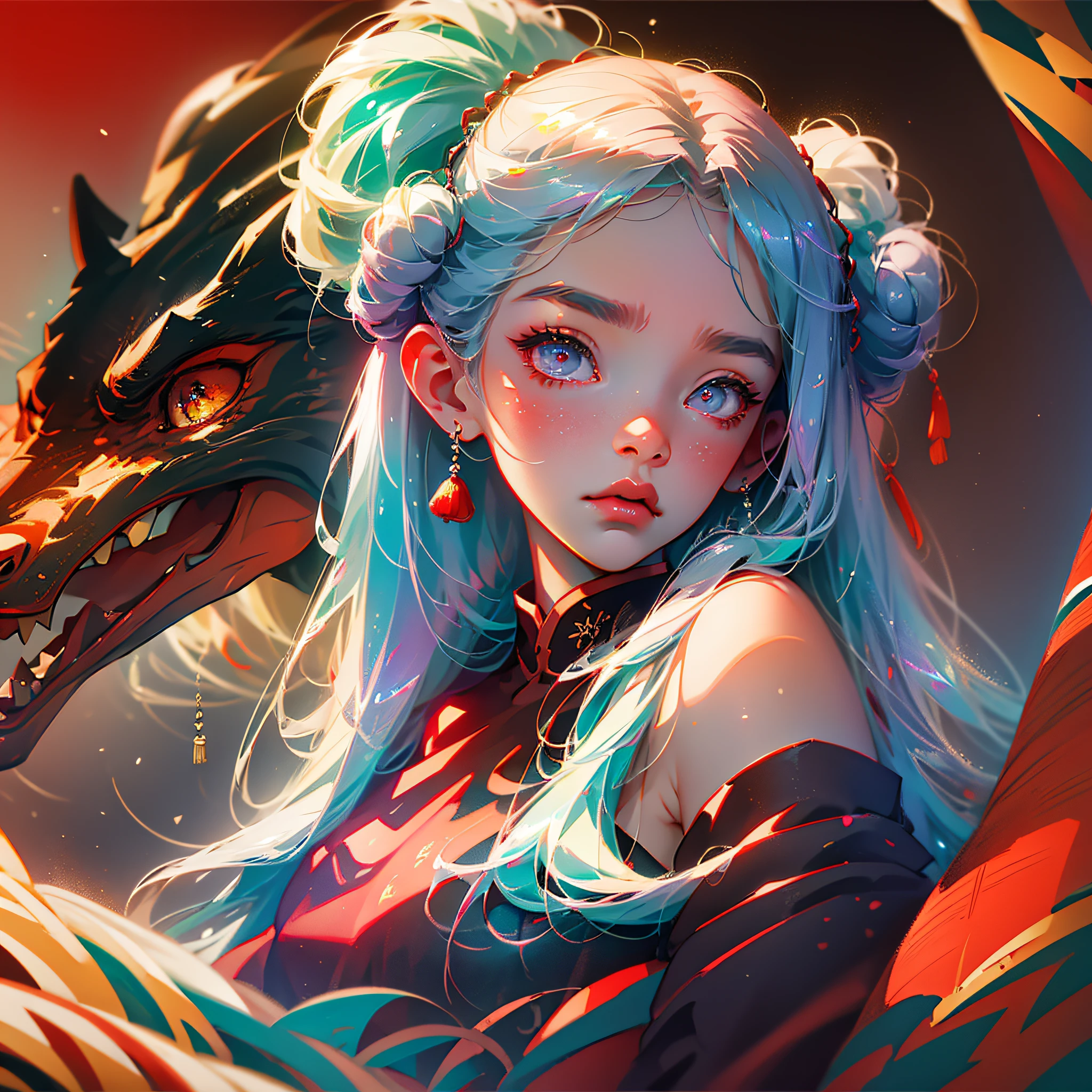 masterpiece, best quality,Chinese fairy, 1girl\(loli\) and iris red dragon, Chinese dragon pan glaring at girl, bun, dark gray background, --auto --s2