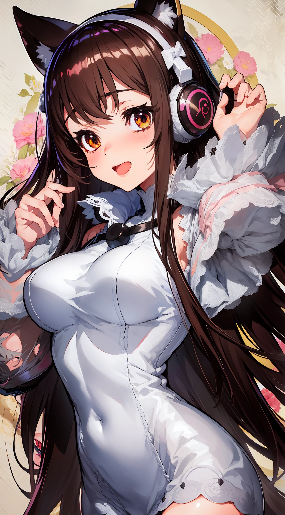 grey background, anime girl with long brown hair and white lace sexy dress with flowers in her hair, beautiful anime catgirl, model pose, ((tachi-e)), character chart, A seal Ragdoll has a very dark brown color on its points – ears, nose, legs, tail, and on their body，anime, Ghibli-like colours, anime style, high detail, Eye-Level Shot, UHD, masterpiece, ccurate, super detail, anatomically correct, high details, high quality, highres, best quality, sexybody, Microphone in hand, Singing, full blush, smiley, seductive smile, bell, headphones, behind-the-head headphones, drop shadow, drop shadow, Ghibli-like colours, tachi-e, character chart, cowboy shot