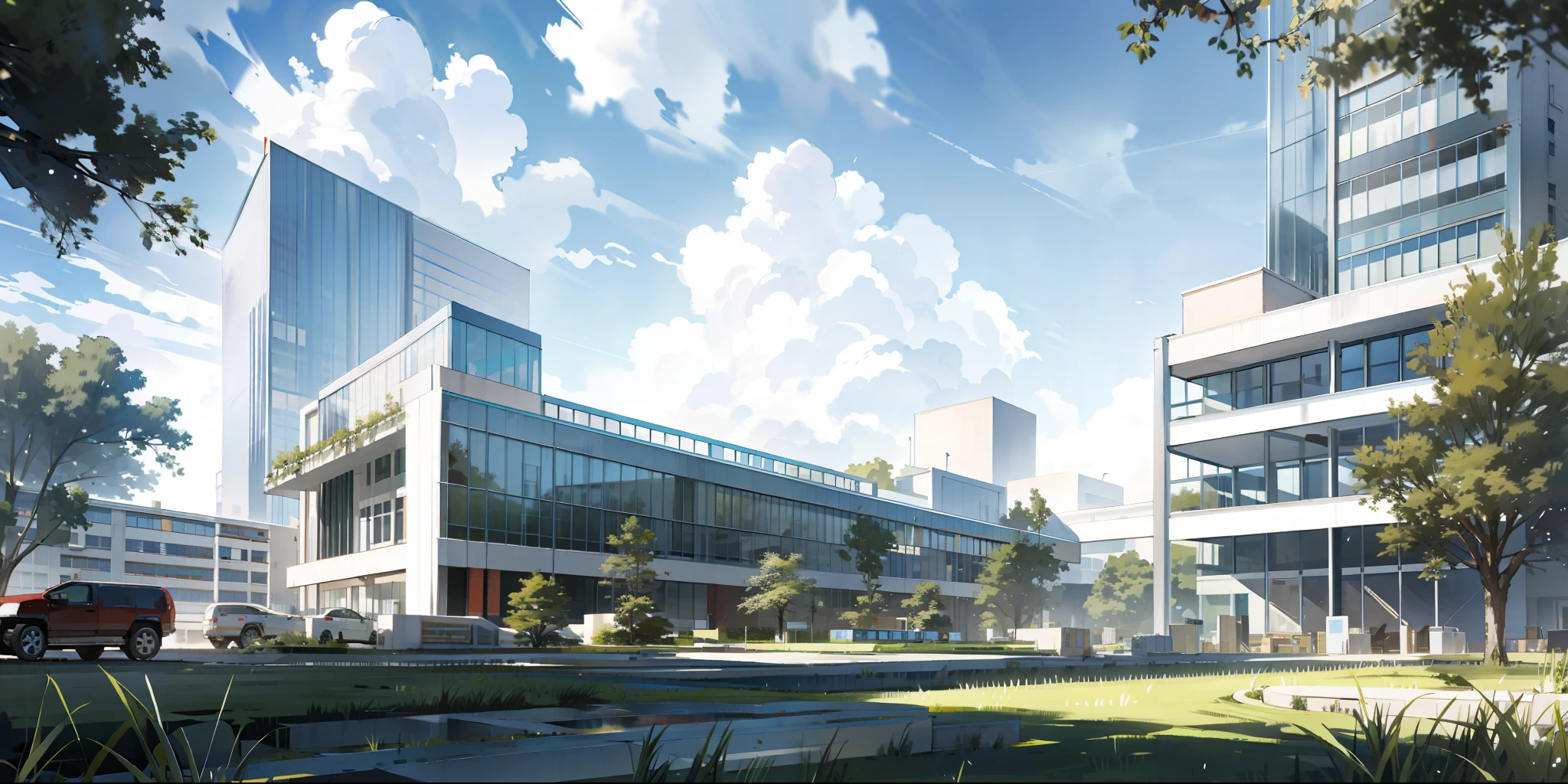 Rendering of a large building with grass in front, clear headquarters rendering, architectural rendering, sharp focus clarification headquarters, architectural rendering, photorealistic rendering