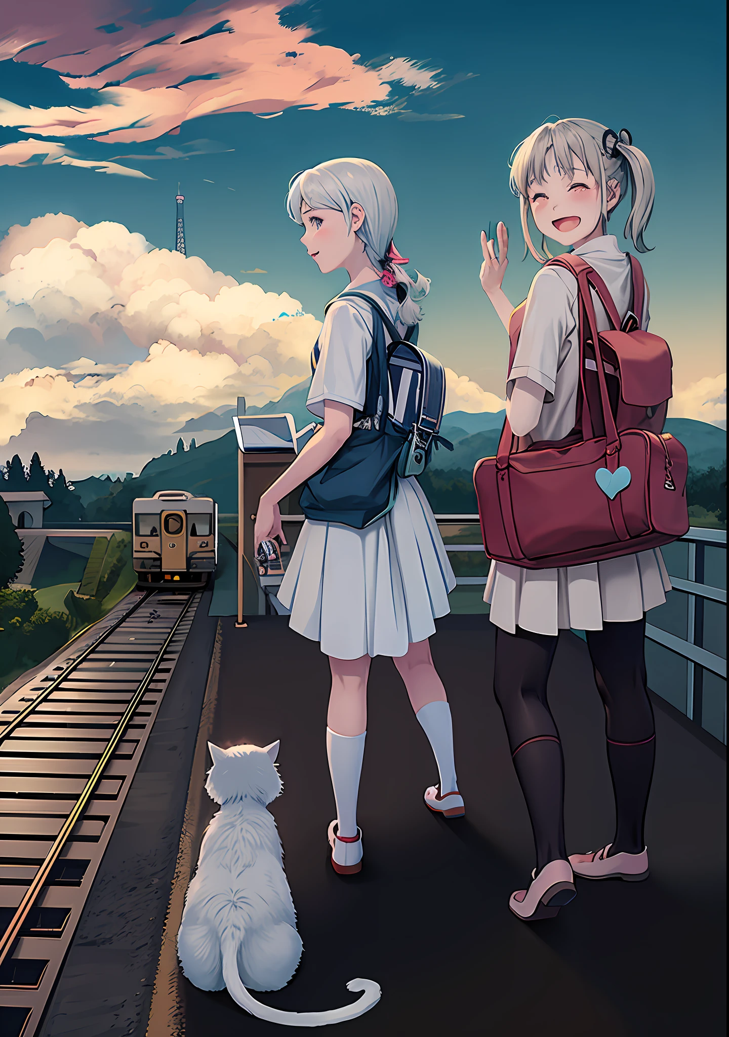 Anime coloring page of two girls and a cat on train tracks, anime city line art with clear face, sweet cute, by Nakabokuning, clean line art, perfect line art, clean anime silhouette, full page illustration