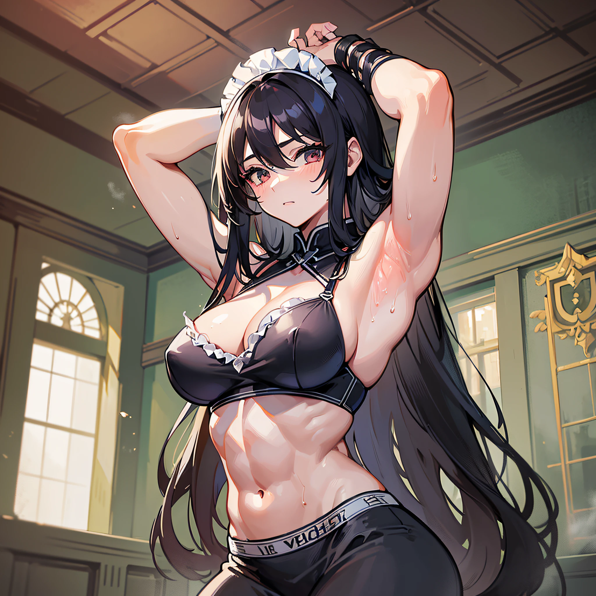 ((Masterpiece)), ((Best Quality)), ((Best Quality)), (Illustration of One Girl), Long Black Hair, Tall, (Muscular Strong Body), (Split Abs), (Muscular and Thick Arms), Body Stuffy with Sweat, Steam Drifting Around the Body, (Armpit Pose), (Maid Clothes)), Indoor