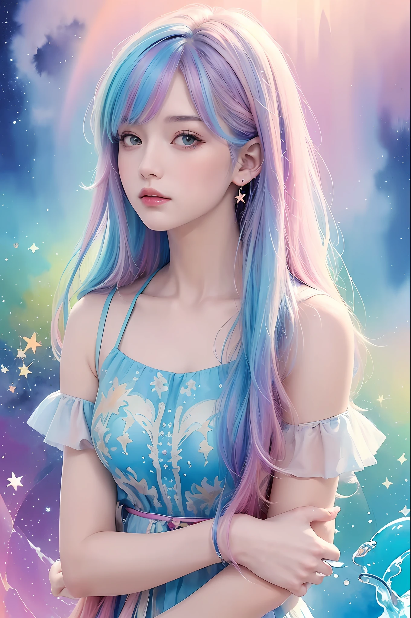 (masterpiece, top quality, best quality,watercolor (medium),official art, beautiful and aesthetic:1.2),(1girl:1.3), (fractal art:1.3),upper body, from side, looking at viewer,patterns,(rainbow color Hair,colorful hair,half blue and half pink hair:1.2),water,liquid, cloud,colorful, starry,stars,