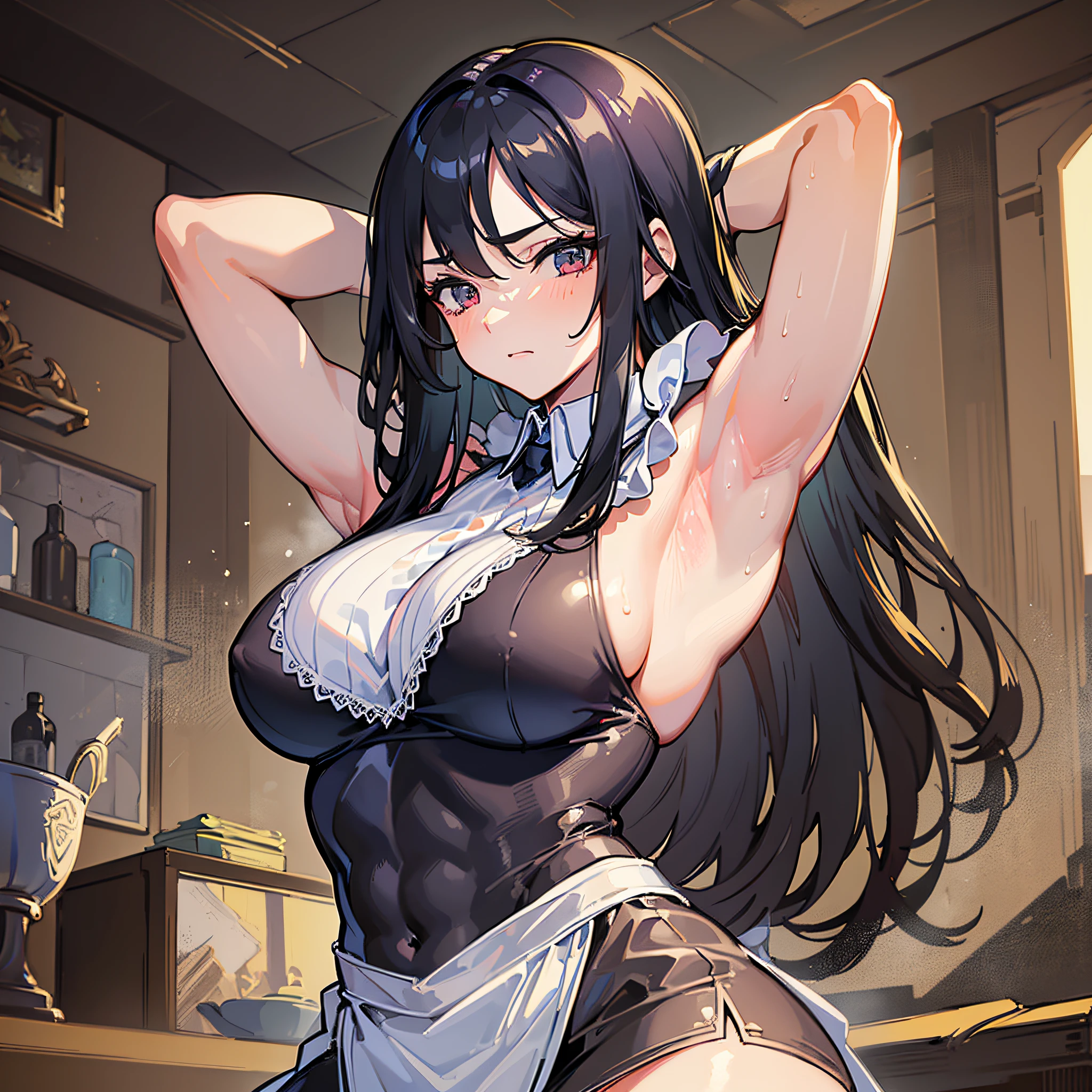 ((Masterpiece)), ((Best Quality)), ((Best Quality)), (Illustration of One Girl), Long Black Hair, Tall, (Muscular Strong Body), (Split Abs), (Muscular and Thick Arms), Body Stuffy with Sweat, (Steam Drifting Around the Body), (Armpit Pose), ((Maid Clothes)), Indoor