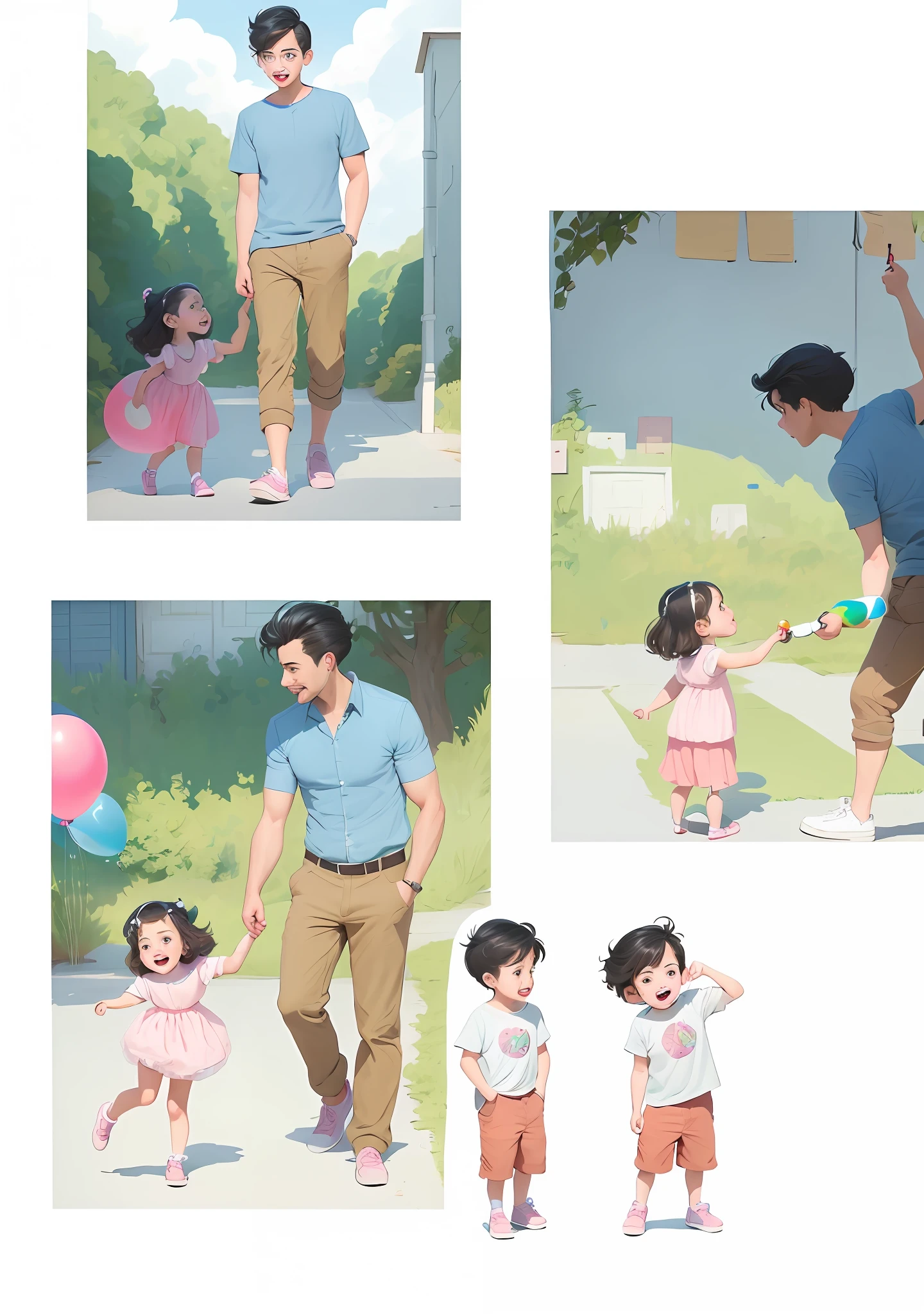 there are four pictures of a man and a  girl playing with balloons, cartoon style illustration, concept art of single boy, style of cartoon, illustration for children, children illustration, children's illustration, comic illustration, childrens illustration, animation illustrative style, childrenbook illustration, cartoon illustration, children book illustration, textbook illustration in clolour, illustration], animation still