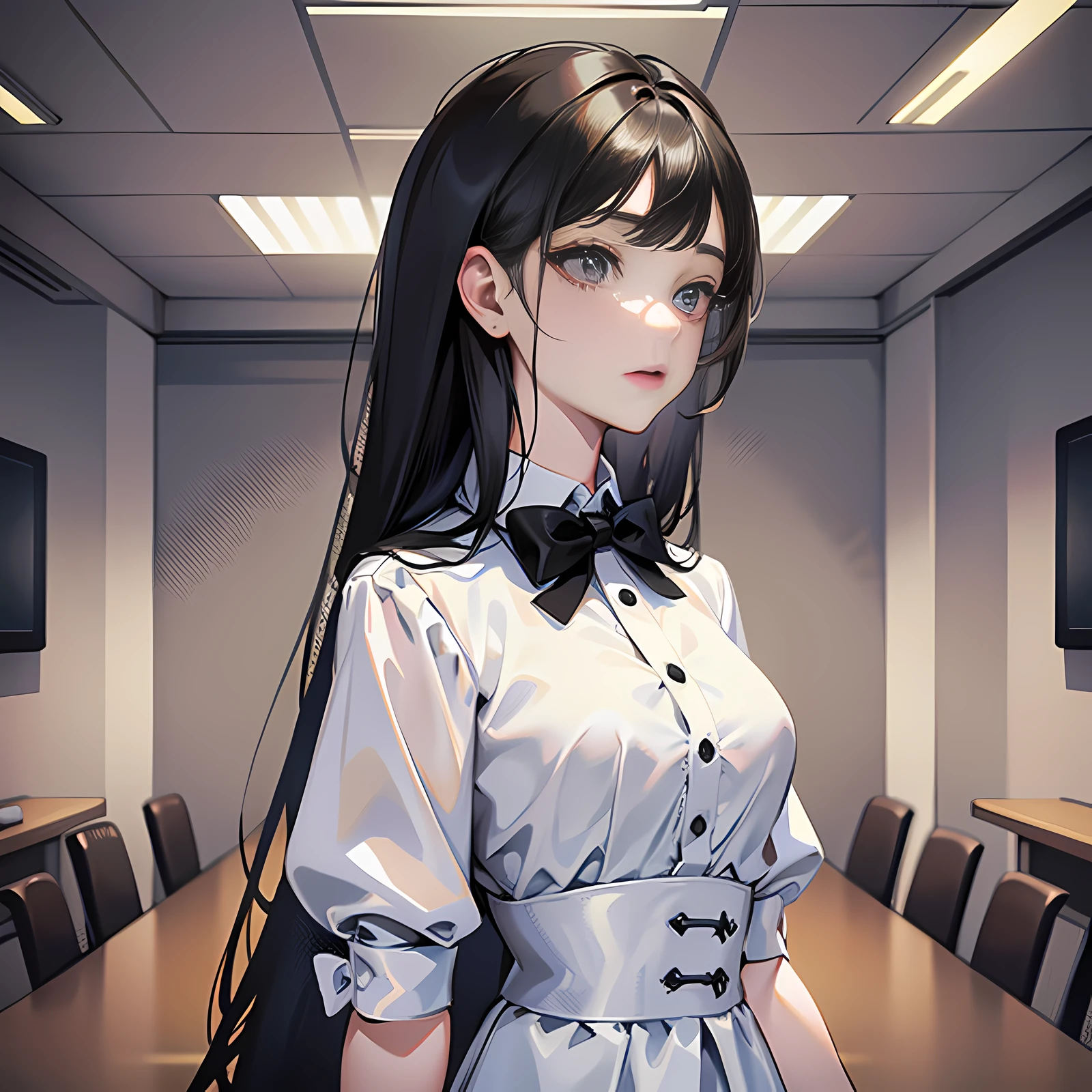 In the conference room, there was a girl standing up, long black hair, in a daze, super detailed, 4k, white, no bow tie, super detailed