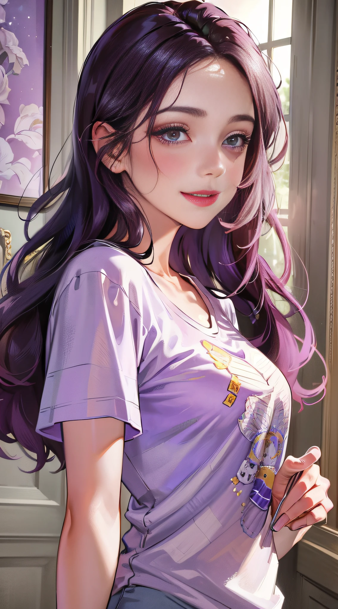 (higher resolution, distinct_image) The best quality, a woman, masterpiece, highly detailed, semi realistic, 21 years old, beautiful, young, handsome, t-shirt, lilac shirt pulled, collar on neck, interior, modern room, window, wake up, morning, blush, smiling