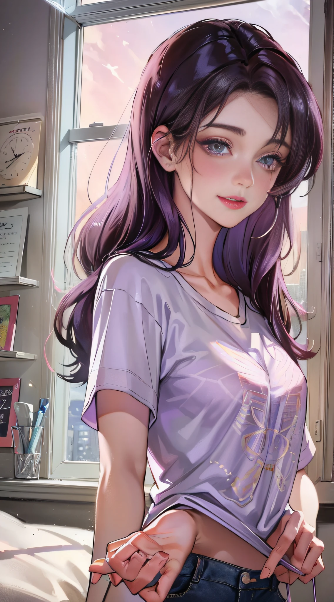 (higher resolution, distinct_image) The best quality, a woman, masterpiece, highly detailed, semi realistic, 21 years old, beautiful, young, handsome, t-shirt, lilac shirt pulled, collar on neck, interior, modern room, window, wake up, morning, blush, smiling