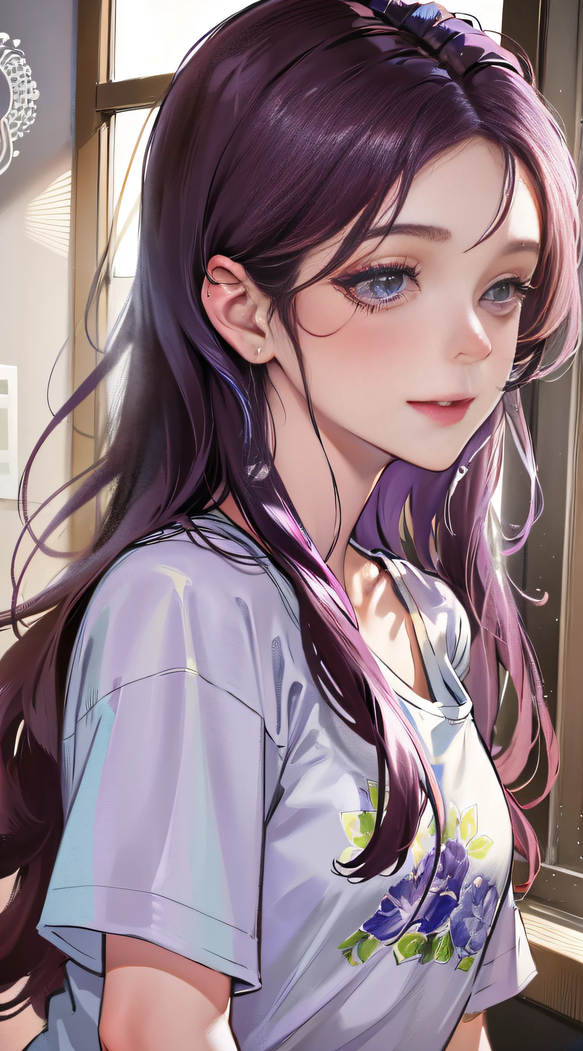 (higher resolution, distinct_image) The best quality, a woman, masterpiece, highly detailed, semi realistic, 21 years old, beautiful, young, handsome, t-shirt, lilac shirt pulled, collar on neck, interior, modern room, window, wake up, morning, blush, smiling