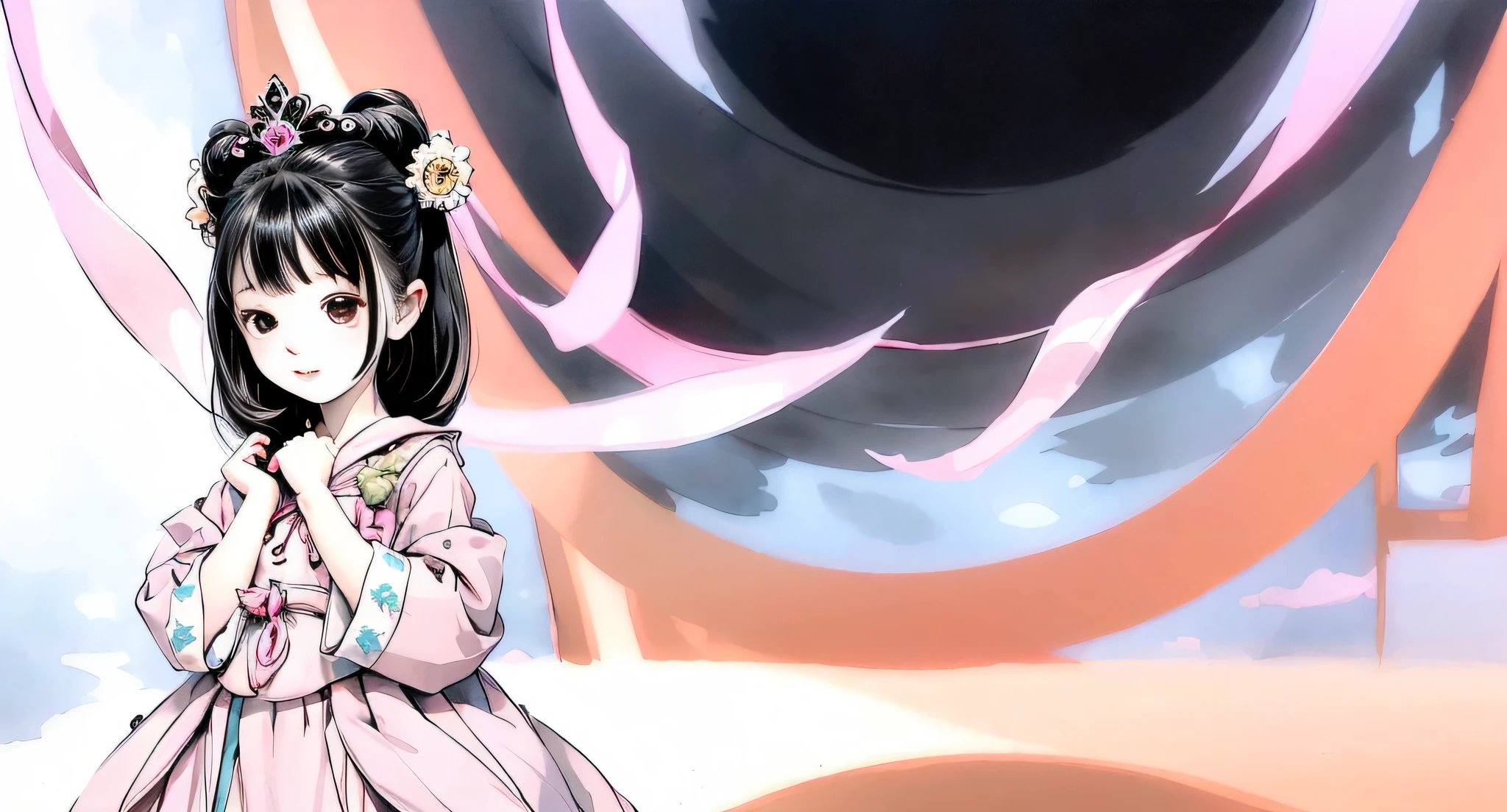 A 4-year-old little girl who is counting trigrams, wearing a princess dress, very cute, playful, the figure is on the left two-thirds of the picture, the background is monotonous, watercolor style