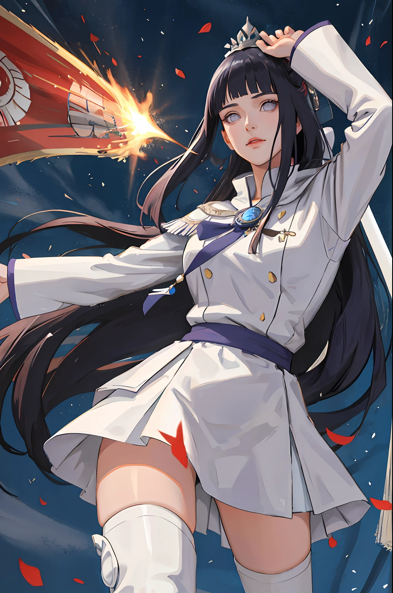8k, best quality, masterpiece, highly detailed, semi realistic, 1 girl, mature female, 20 years old, dark blue long hair, high ponytail, bangs, purple pupils, silver white armor, white fluffy skirt, silver iron boots, red white fluffy brimmed cloak, wielding sword, knight, coronation ceremony,War, flames, bloodstains,Lily, petal rain,banner, blunt bangs, hinata/(boruto/)