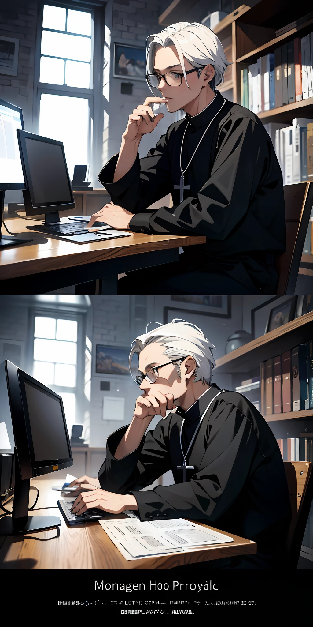 A very realistic and visible high-resolution image of a sitting priest using his great modern computer