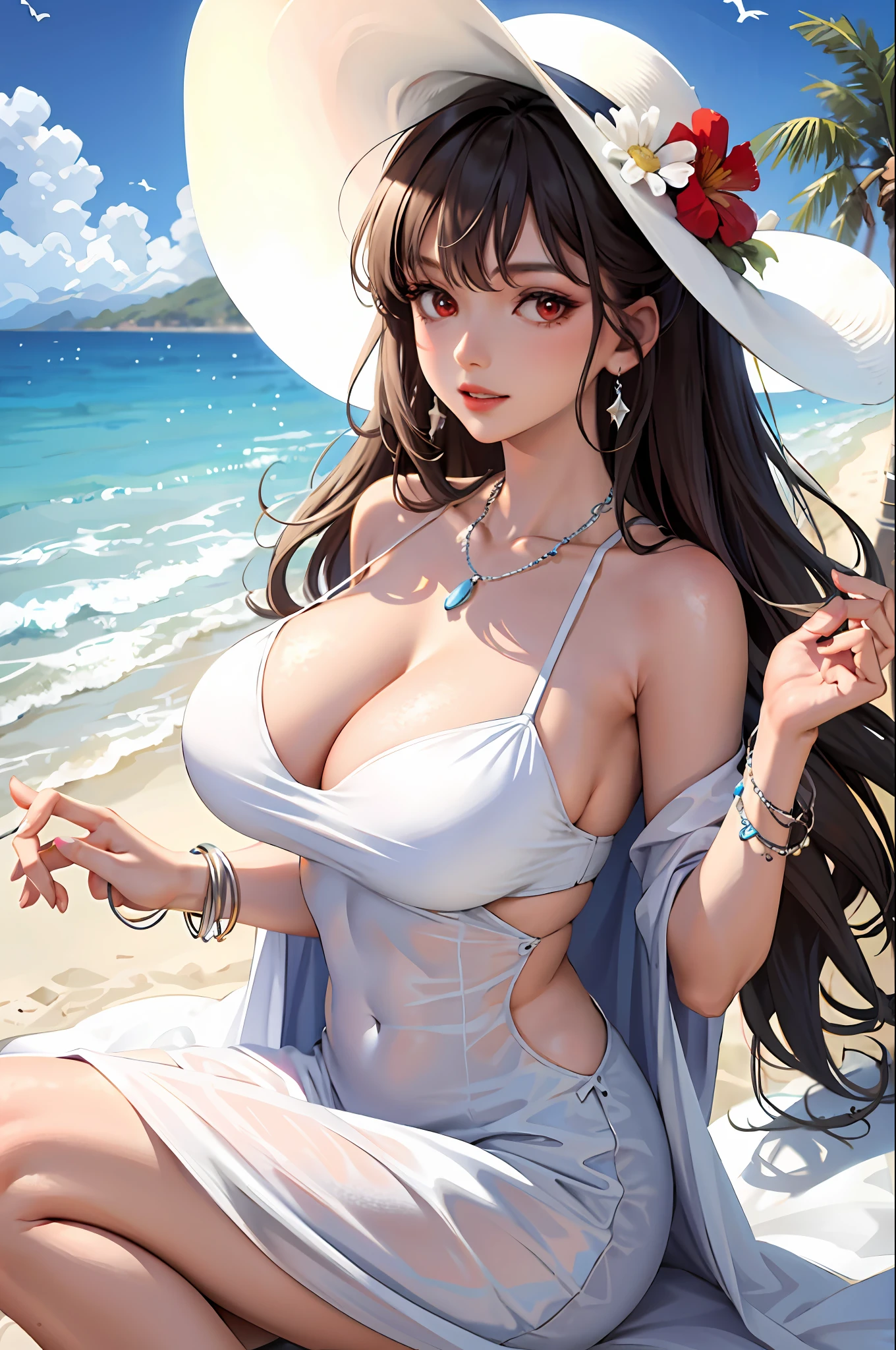 (masterpiece:1.2, best quality), (1lady, solo, upper body:1.2), Clothing: white flowy maxi dress, wide-brimmed hat, strappy sandals, Accessories: shell necklace, Hair: loose beach waves, Makeup: natural, glowing skin, Behavior: relaxed, carefree, free-spirited, Location: beach, resort, outdoor festival, red eyes, huge ????,
