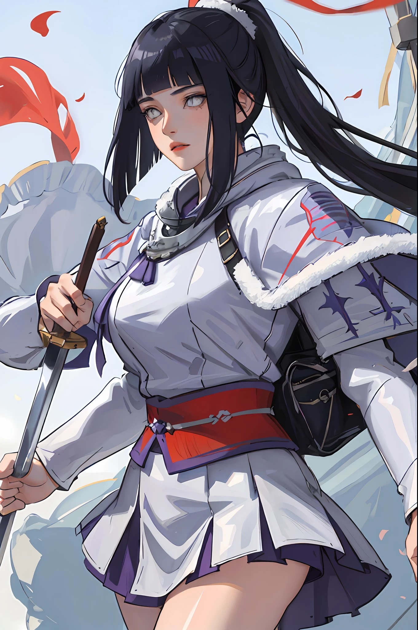 8k, best quality, masterpiece, highly detailed, semi realistic, 1 girl, mature female, 20 years old, dark blue long hair, high ponytail, bangs, purple pupils, silver white armor, white fluffy skirt, silver iron boots, red white fluffy brimmed cloak, wielding sword, knight, coronation ceremony，War, flames, bloodstains，Lily, petal rain，banner, blunt bangs,  hinata/(boruto/)