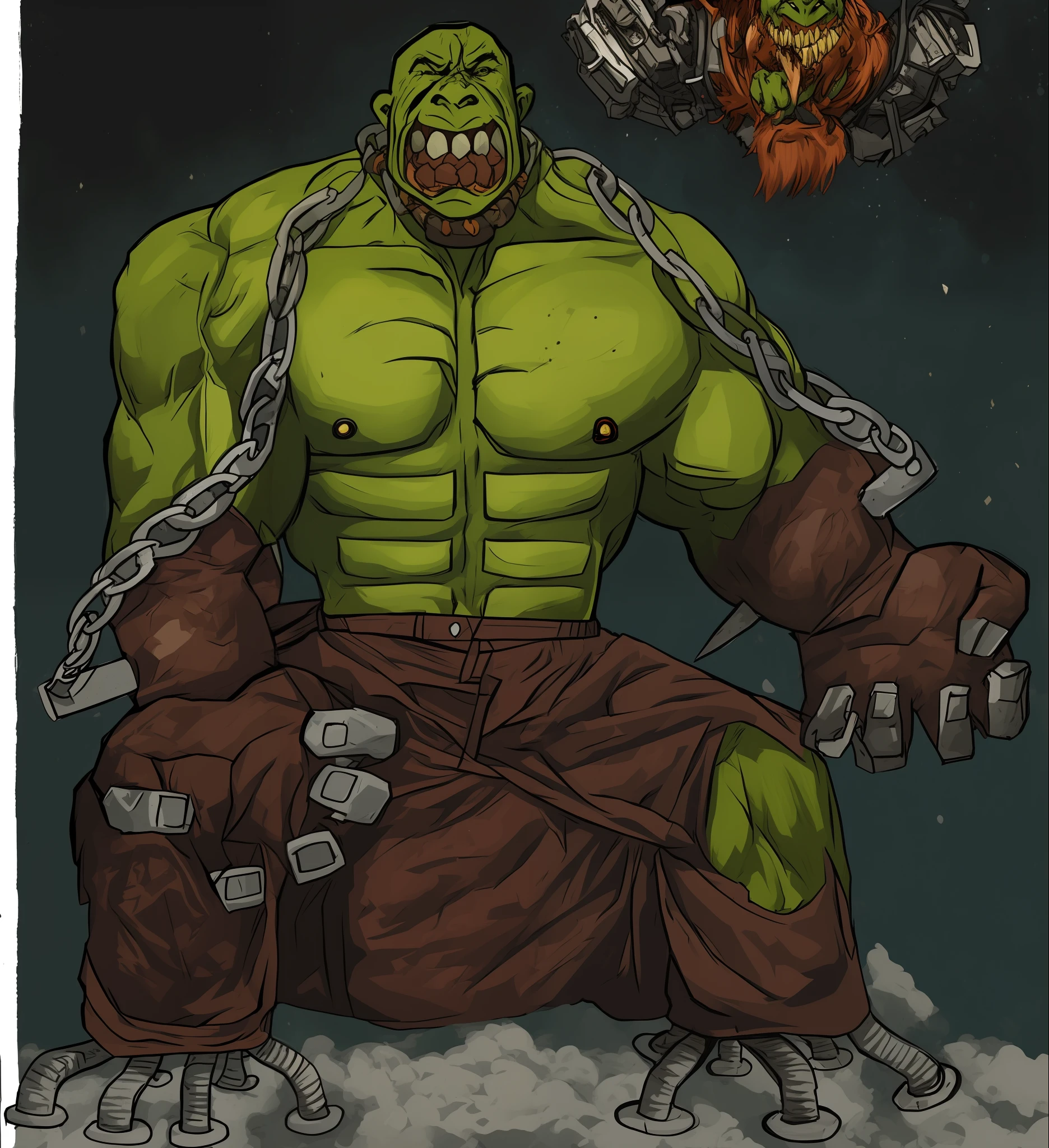 a drawing of a gorilla sitting on a chair with chains around his neck, as an ugly titan, manly monster tough guy, heavy lineart, wario as the armored titan, hulk like physique, samurai chains ink undead, as a titan, ork, hulk body type, 1992 video game concept art, grog strongjaw, an ork