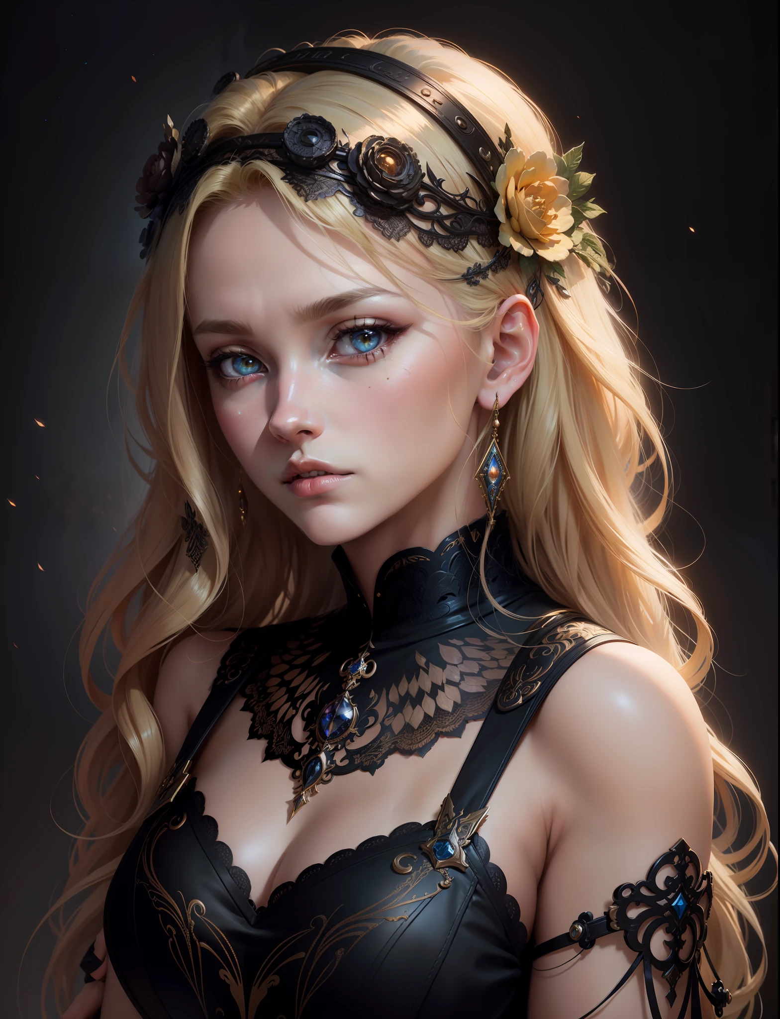 ((Masterpiece)) , blonde hair by Anastasiya dobrovolskaya, Donato Giancola, Karol Bak, Tom Bagshaw, face by Artgerm and Edmund Leighton, background by James Jean and Noah Bradley, Majestic, volumetric lighting, photorealistic, Octane render, unreal engine 5, third rule, golden ratio, (highly detailed skin: 1.2), 16k uhd, hdr, dslr, high quality, film grain, Fujifilm XT3