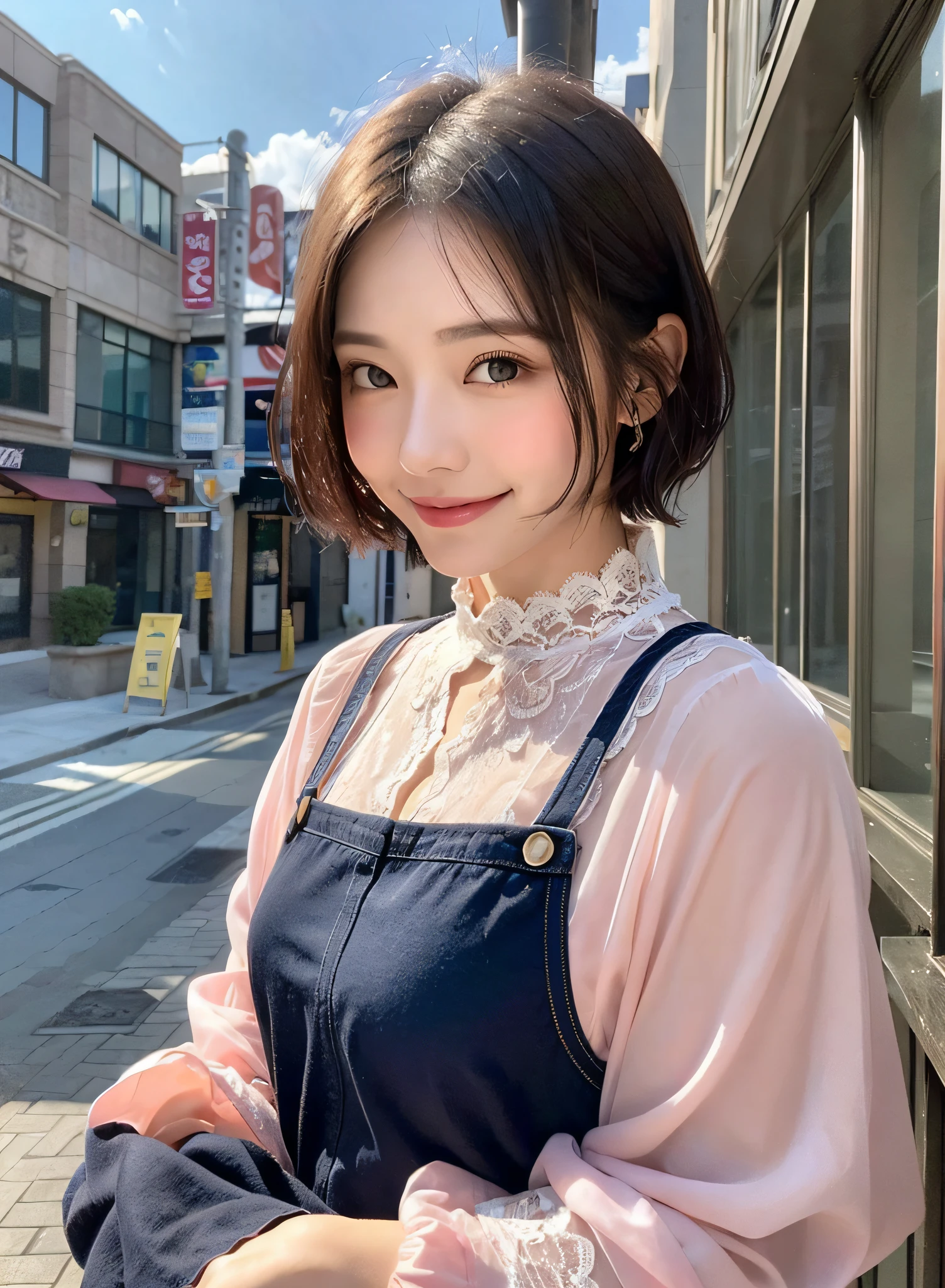 8k, top quality, masterpiece: 1.2), (realistic, photorealistic: 1.37), super detailed, girl 1 person, cute, alone, beautiful detailed sky, detailed café, day, sitting, date, (blush), (smile: 1.15),(closed)small,beautiful fine eyes,(shirt with collar:1.1),night,wet,business wear,rain,white lace,(short hair:1.2),floating hair NovaFrogStyle,