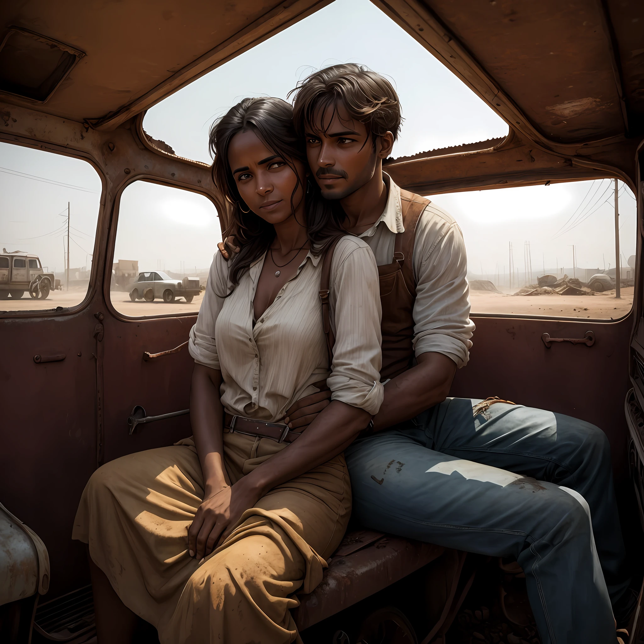 Woman sitting on a man's lap inside a rusty car, dirt, dust, scorching sun