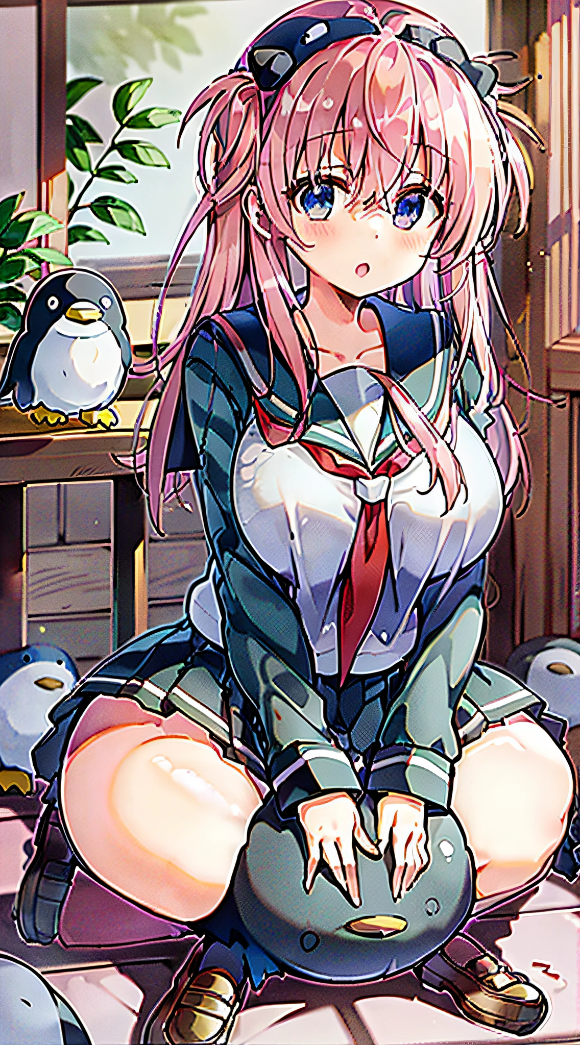 nodokaharamura, 1girl, solo, pink medium hair, big breasts, red ribbon, school uniform, stockings, loafers, penguin specimen, indoor, sitting, holding penguin specimen,