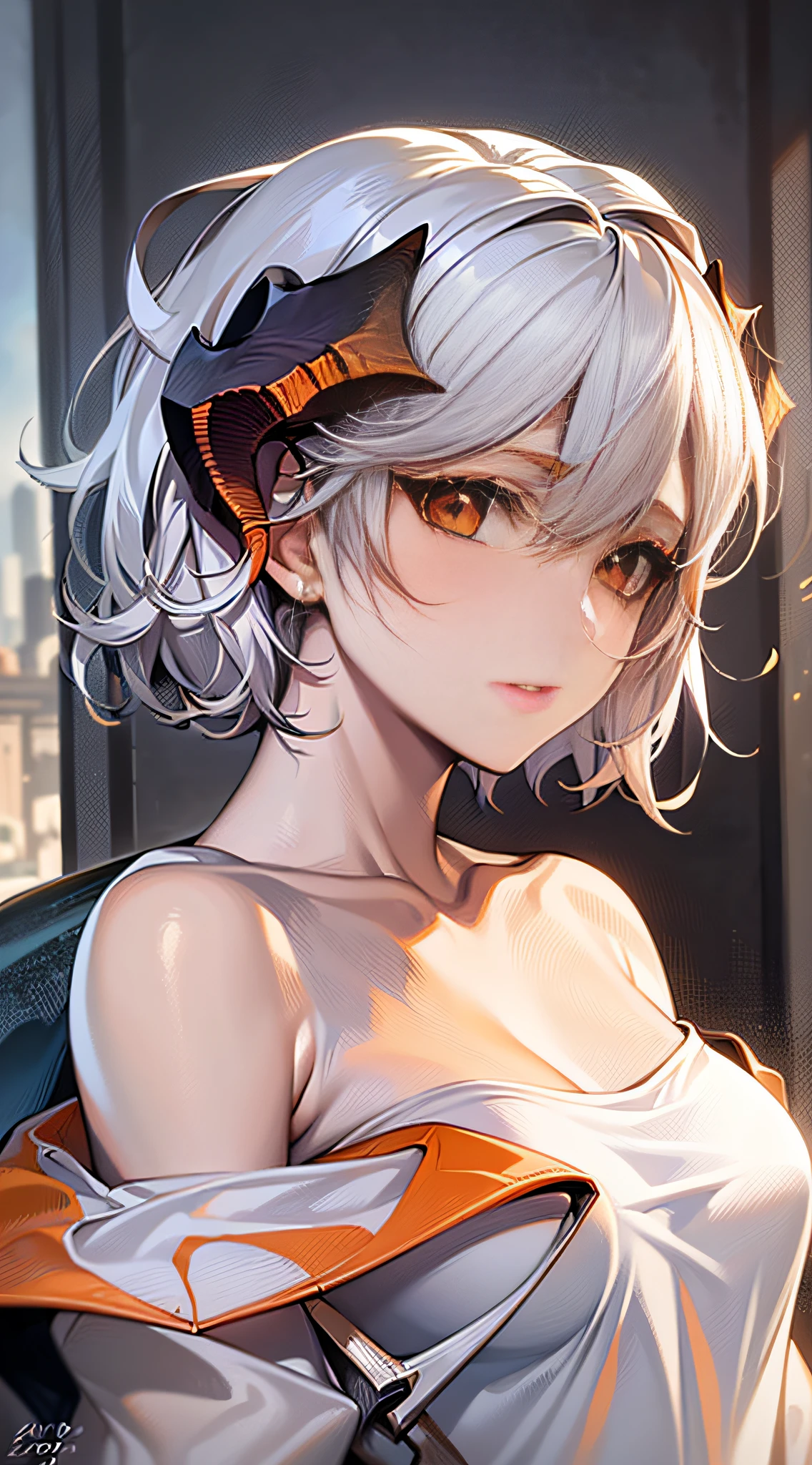 perfect artwork, masterpiece, best quality, highres, detailed face, beautiful woman, 1girl, close-up, (white t-shirt), naked shirt, (oversized shirt), [off shoulder], no bra, (covered, saria, white hair, orange eyes, bedroom, morning,